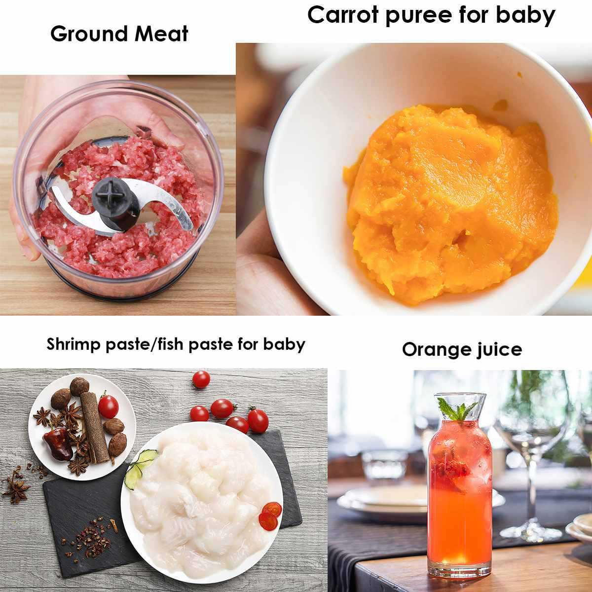 Vier Bilder von Lebensmitteln: Hackfleisch, Karottenpüree, Garnelenpaste und Orangensaft.