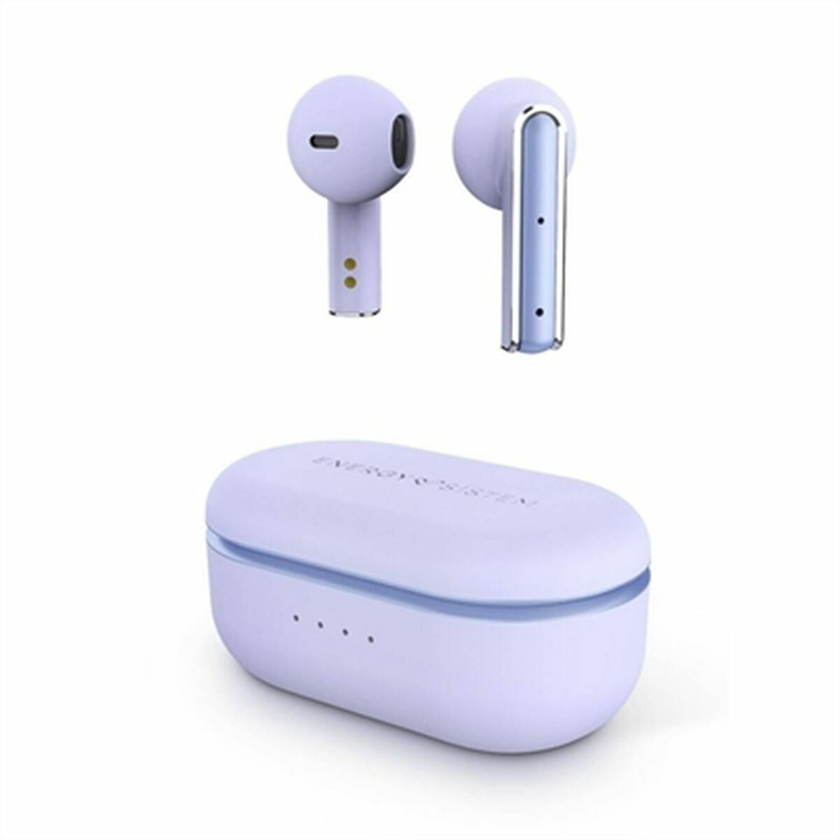 Dos auriculares lavanda y estuche de carga. Fondo blanco.