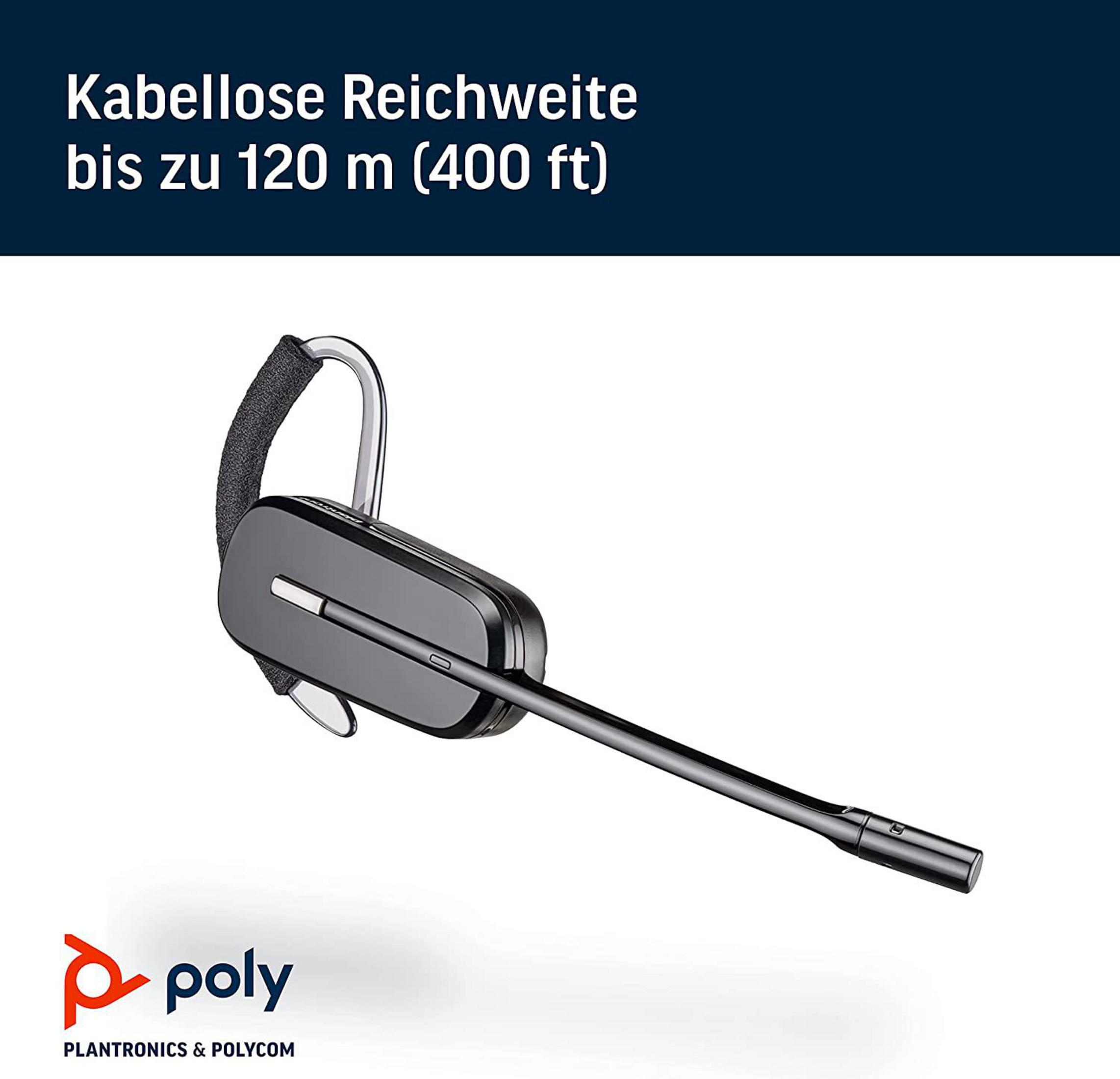 Czarny i szary zestaw słuchawkowy z mikrofonem. U góry napis: „Zasięg bezprzewodowy do 120 m (400 stóp)”. 