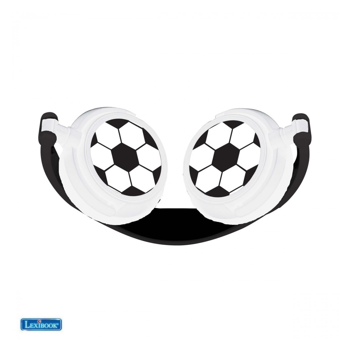 Due cuffie bianche con design a pallone da calcio. Dettagli neri e logo Lexibook.