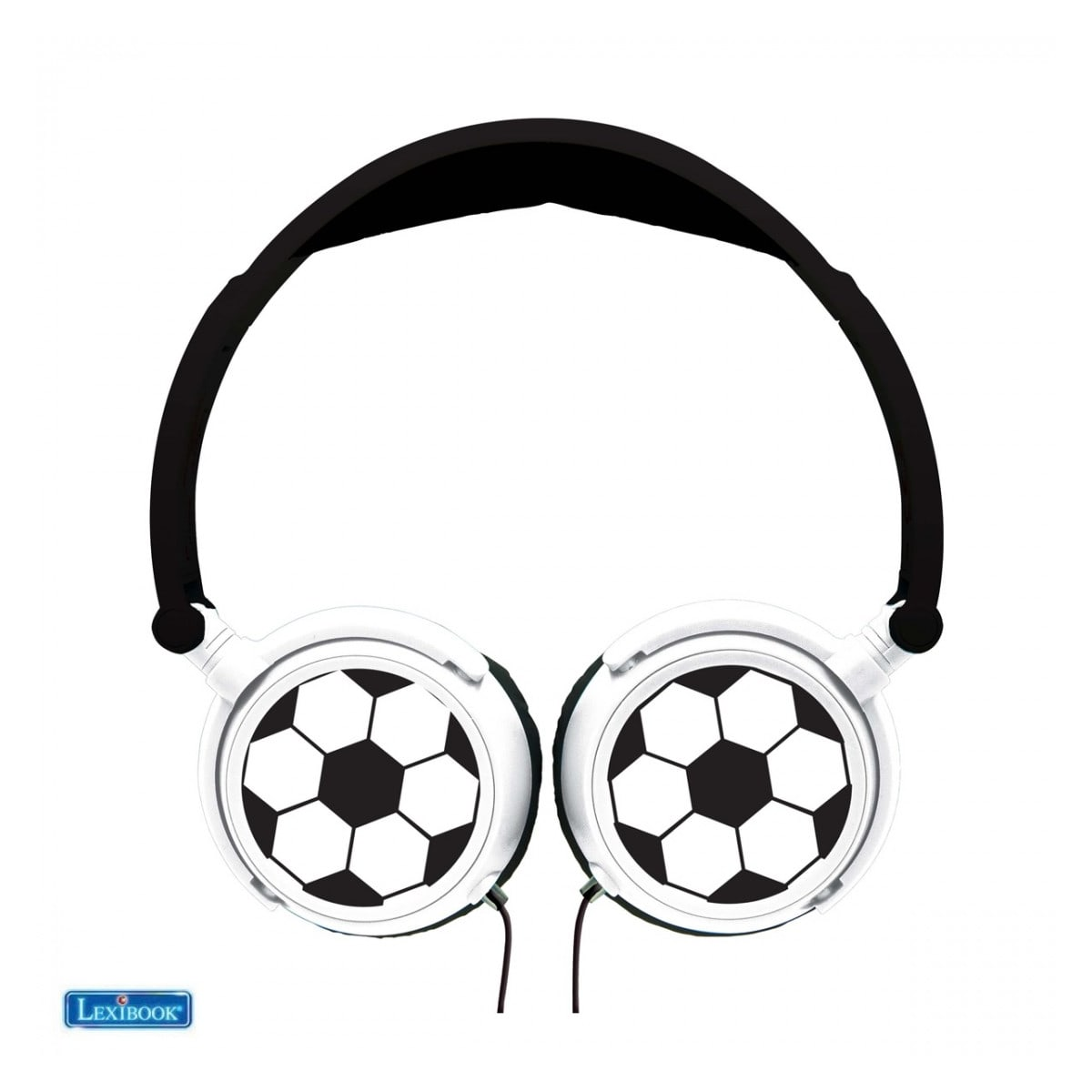 Cuffie bianche con design a pallone da calcio sui padiglioni su sfondo bianco.