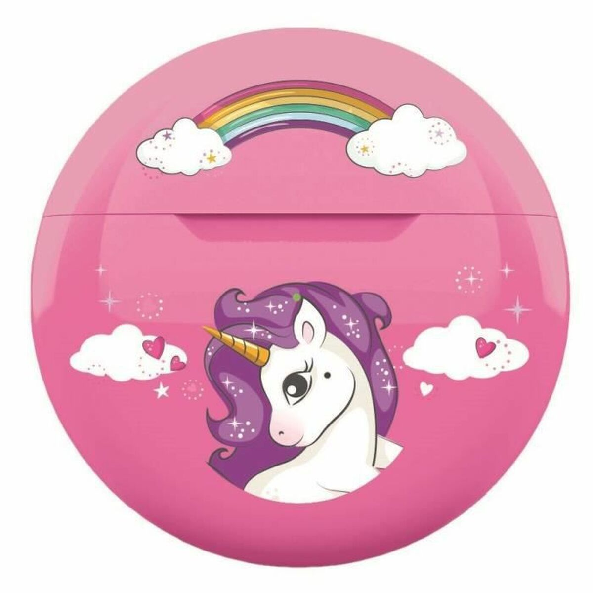 Estuche redondo rosa con una ilustración de unicornio. Incluye un arcoíris, nubes, corazones y estrellas.
