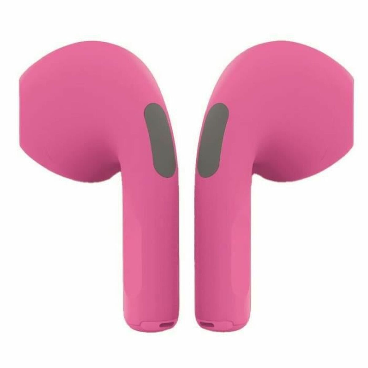Dos auriculares rosas con detalles grises, diseño moderno, fondo blanco.