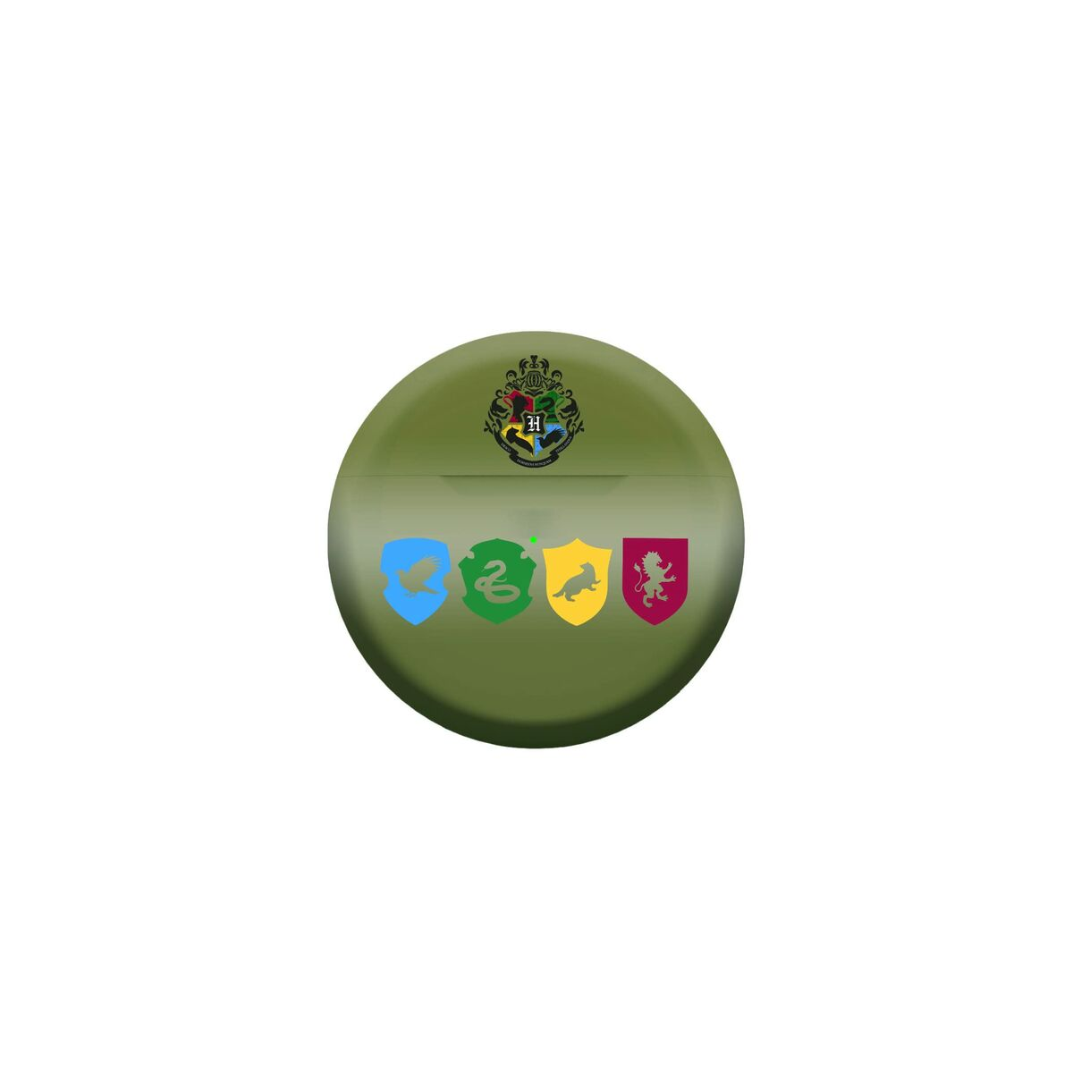 Custodia verde con lo stemma di Hogwarts e quattro emblemi delle case.