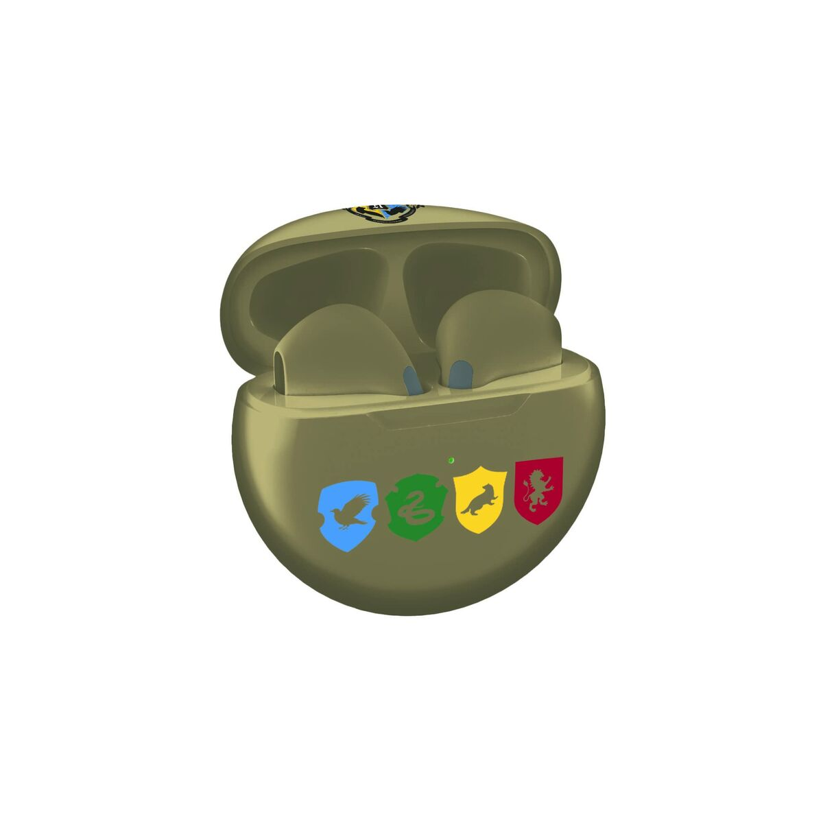 Auricolari wireless verde oliva in una custodia con i simboli delle case di Hogwarts.
