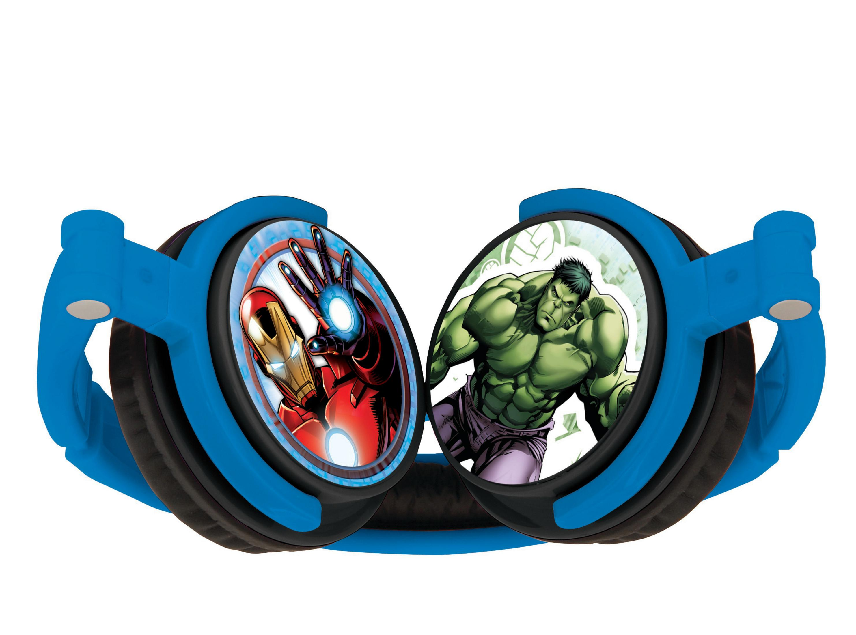 Niebieskie słuchawki z grafiką Iron Mana i Hulka na nausznikach na jasnym tle.