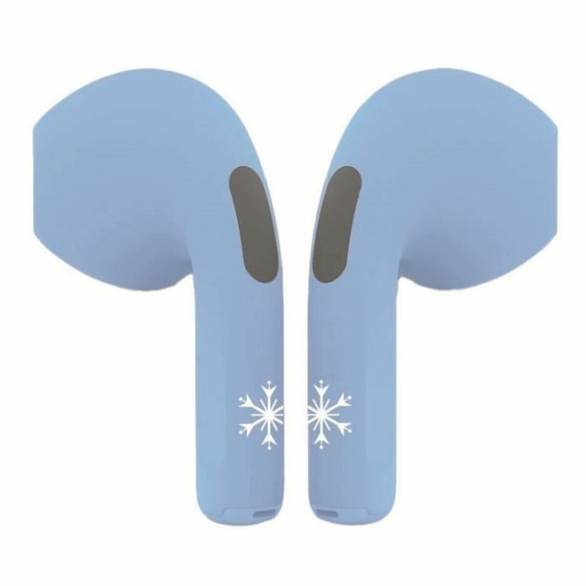 Dos auriculares azul claro con diseños de copos de nieve, sobre fondo blanco.