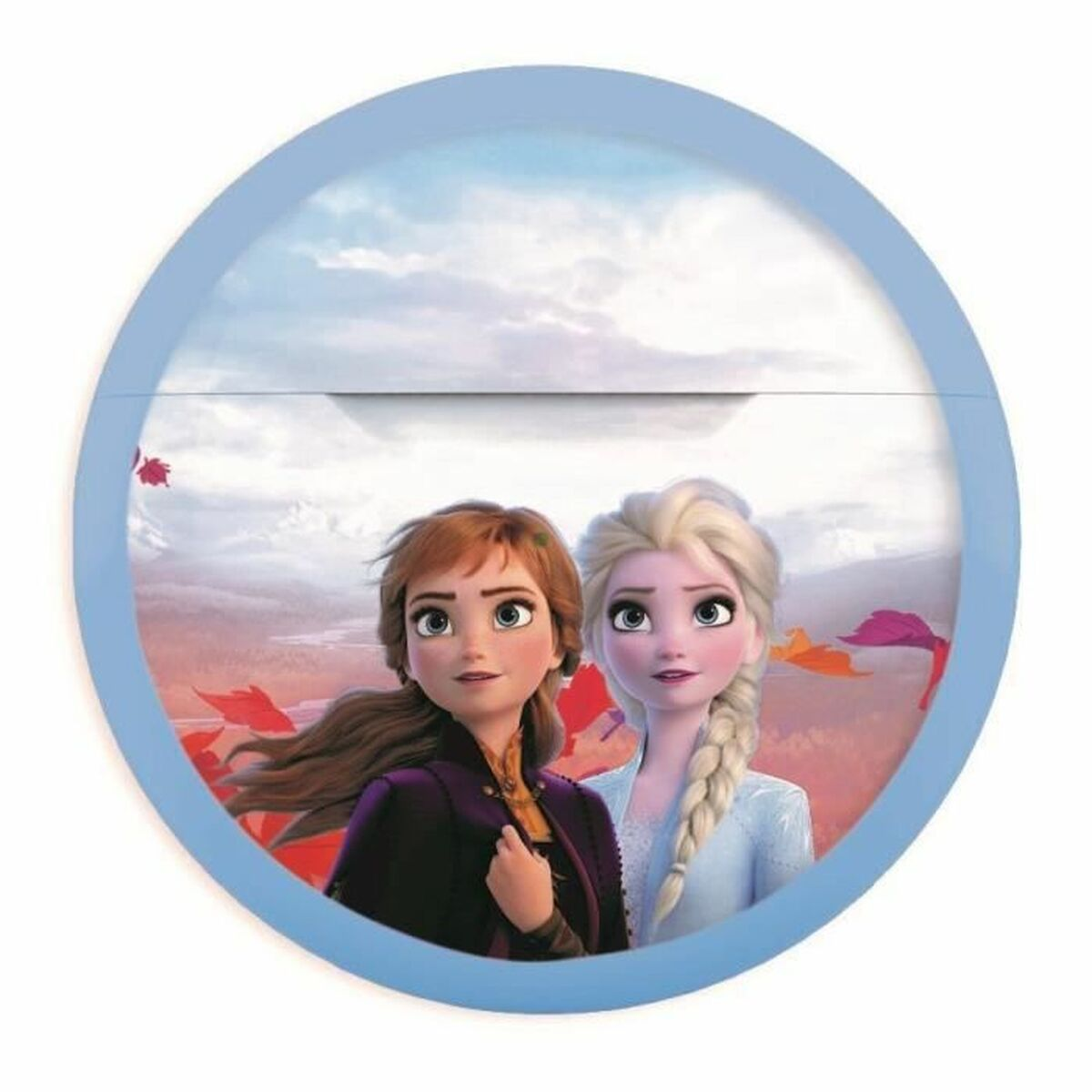 Imagen redonda con temática de la película Frozen con dos personajes. Elsa y Anna.
