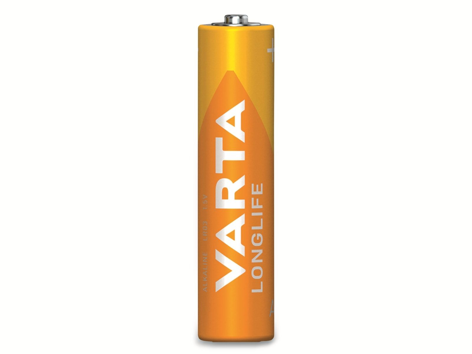 A yellow Varta Longlife AA battery on a white background.
