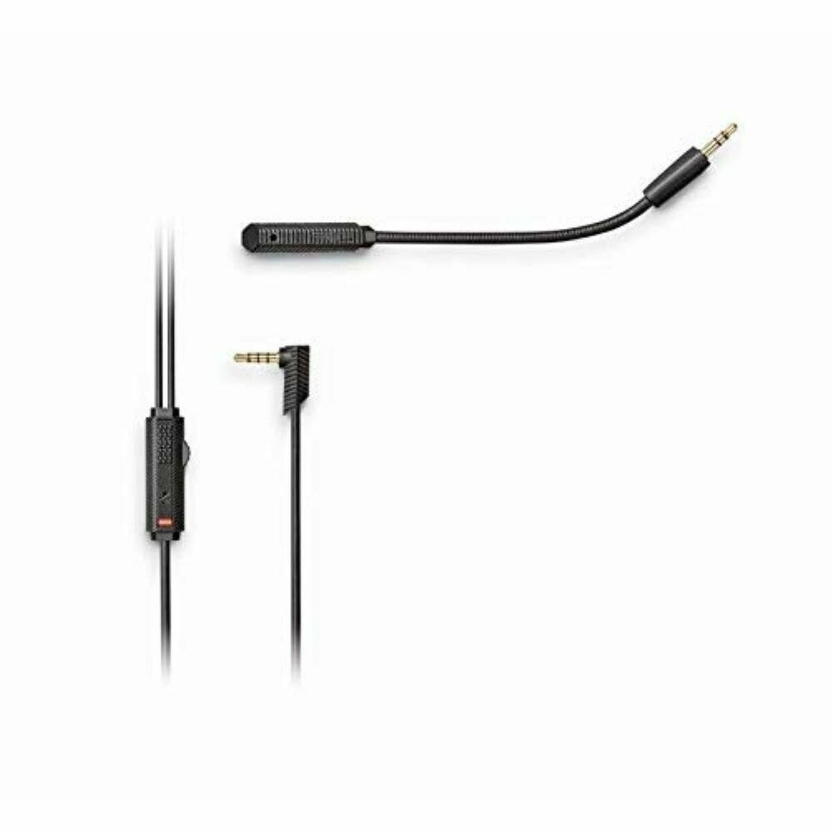 Czarny kabel audio z mikrofonem i dwoma złączami.