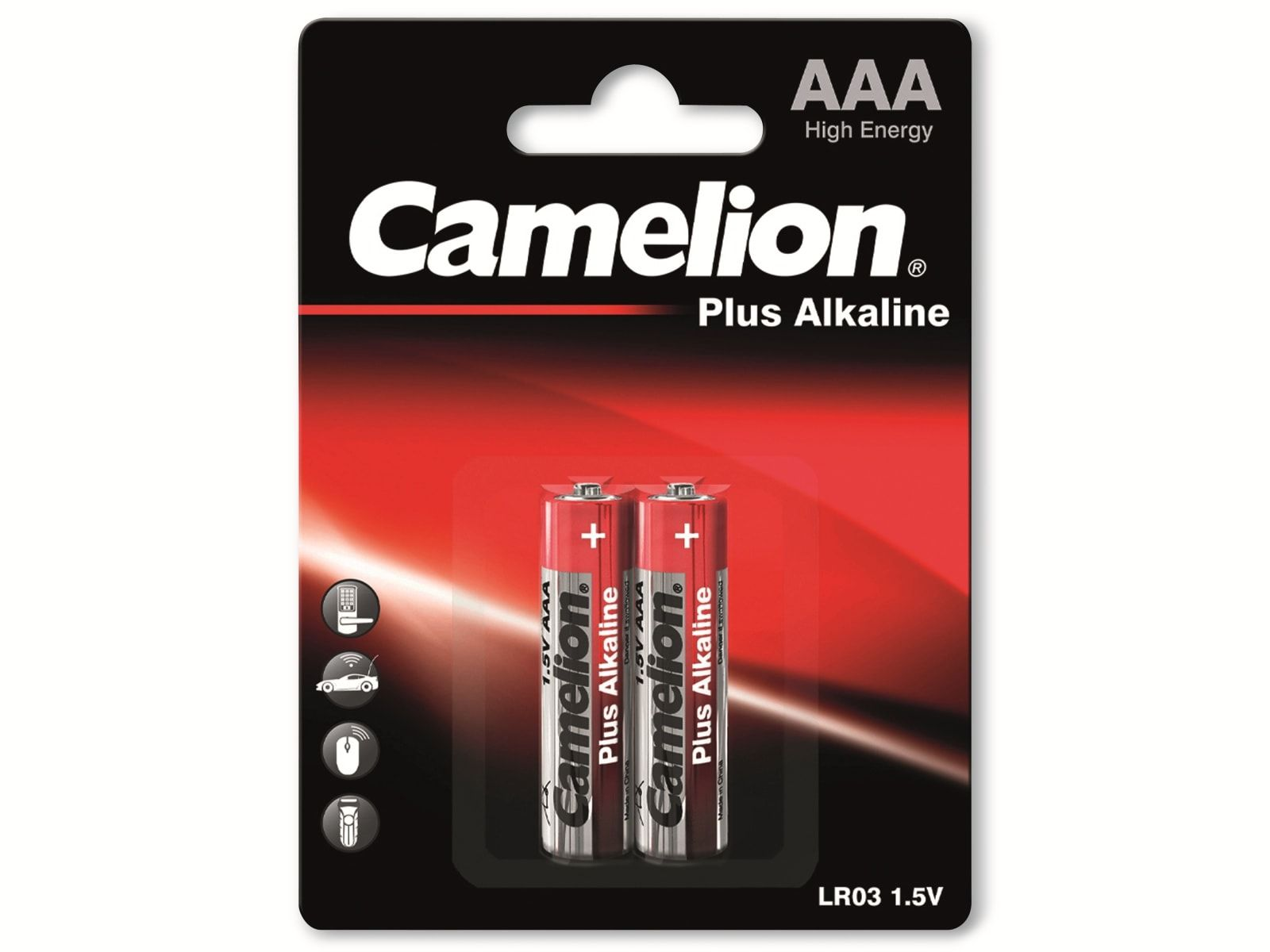 Due batterie AAA in un blister su sfondo rosso e bianco.