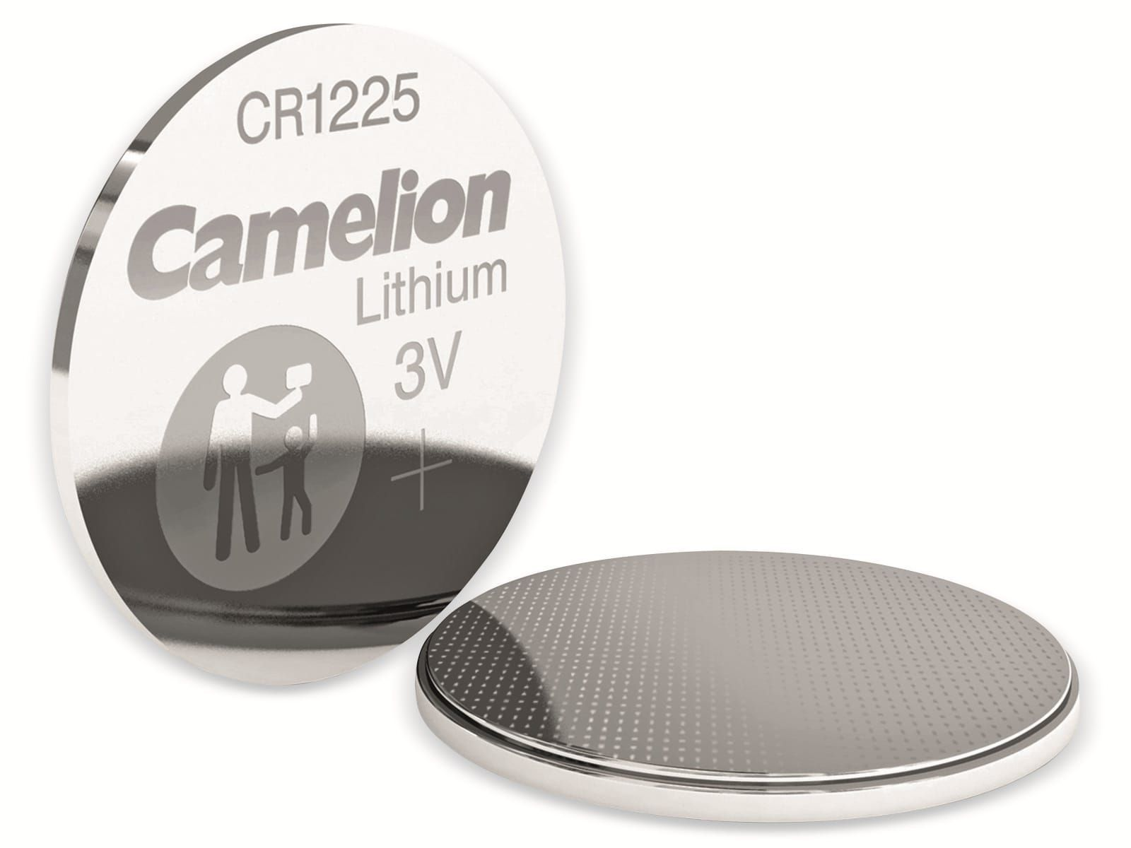 Zwei silberne Camelion CR1225 Lithium-Batterien. Eine steht aufrecht, die andere liegt flach.