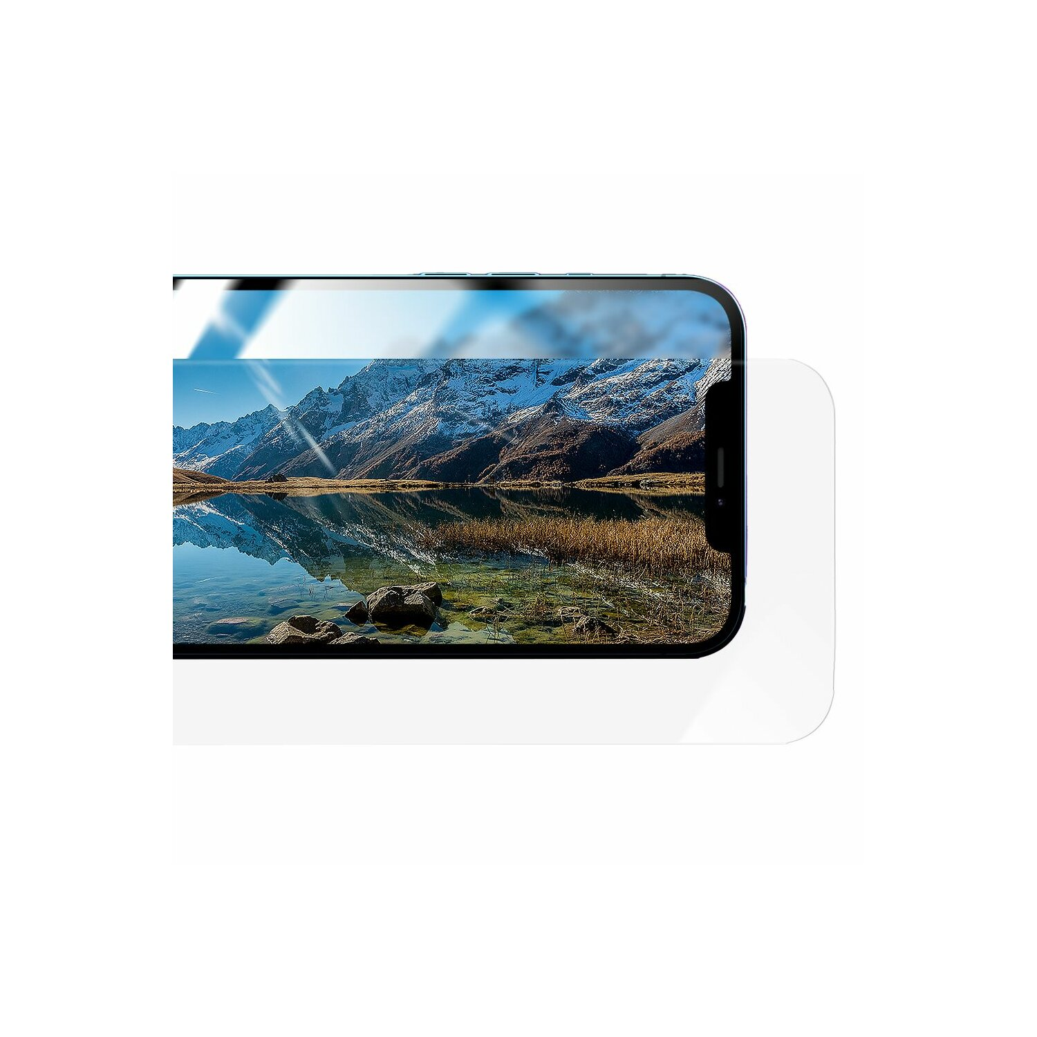 Ein Telefon mit Displayschutz. Der Bildschirm zeigt eine Bergsee-Landschaft.