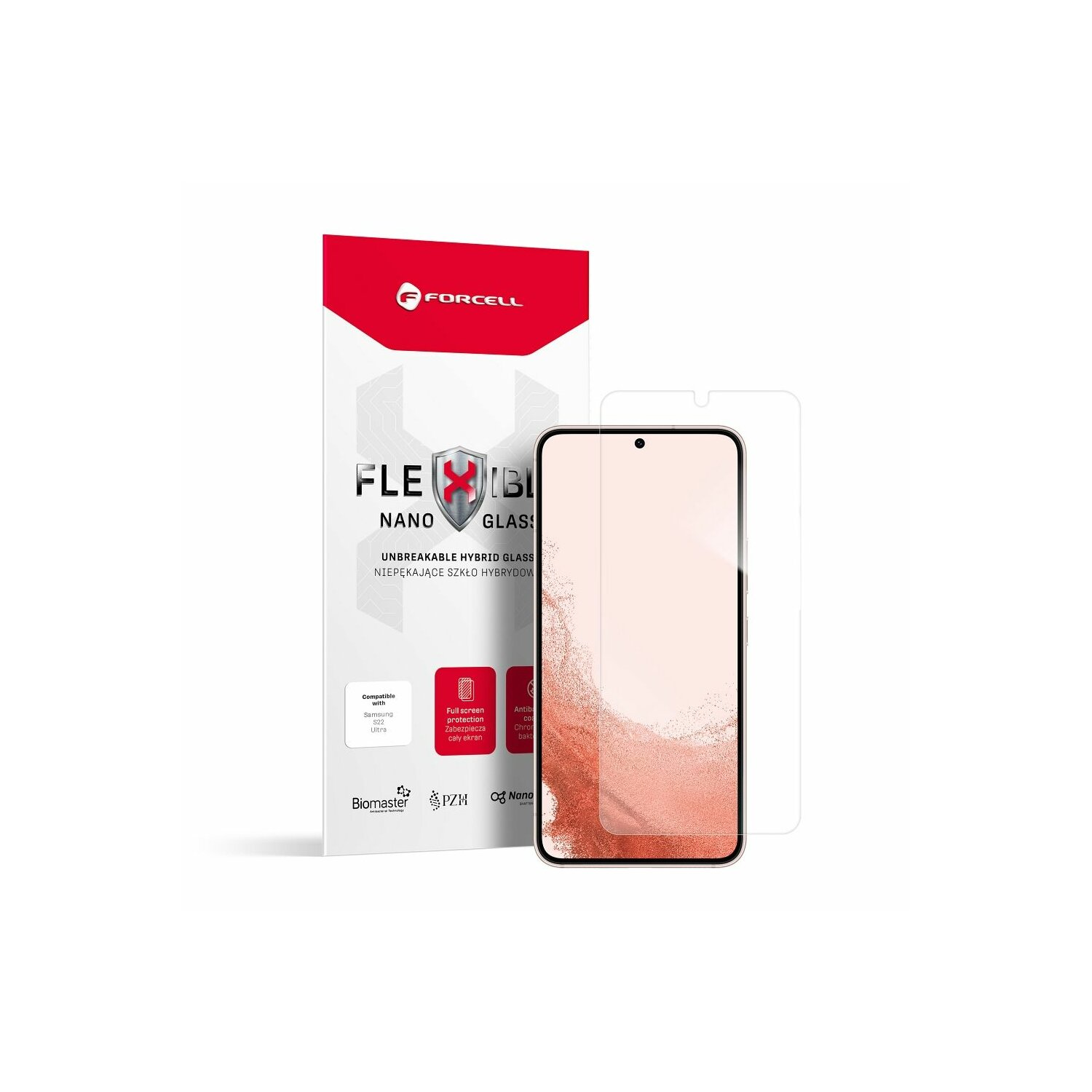 Displayschutzverpackung mit Telefon und Schutzfolie. Weißer und roter Text auf weißem Grund.