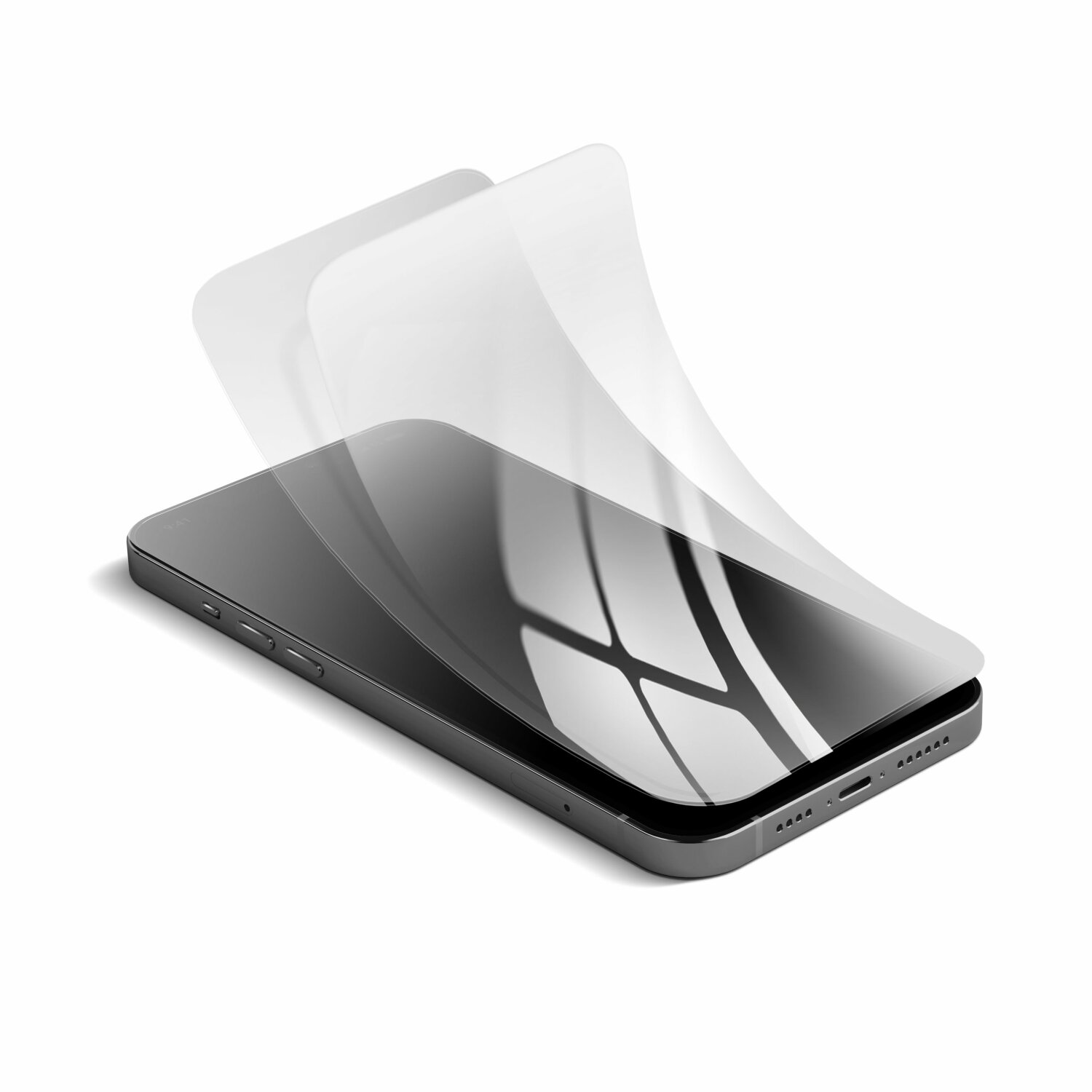 Ein Telefon mit einer angebrachten Displayschutzfolie, wobei die Folien darüber schweben.