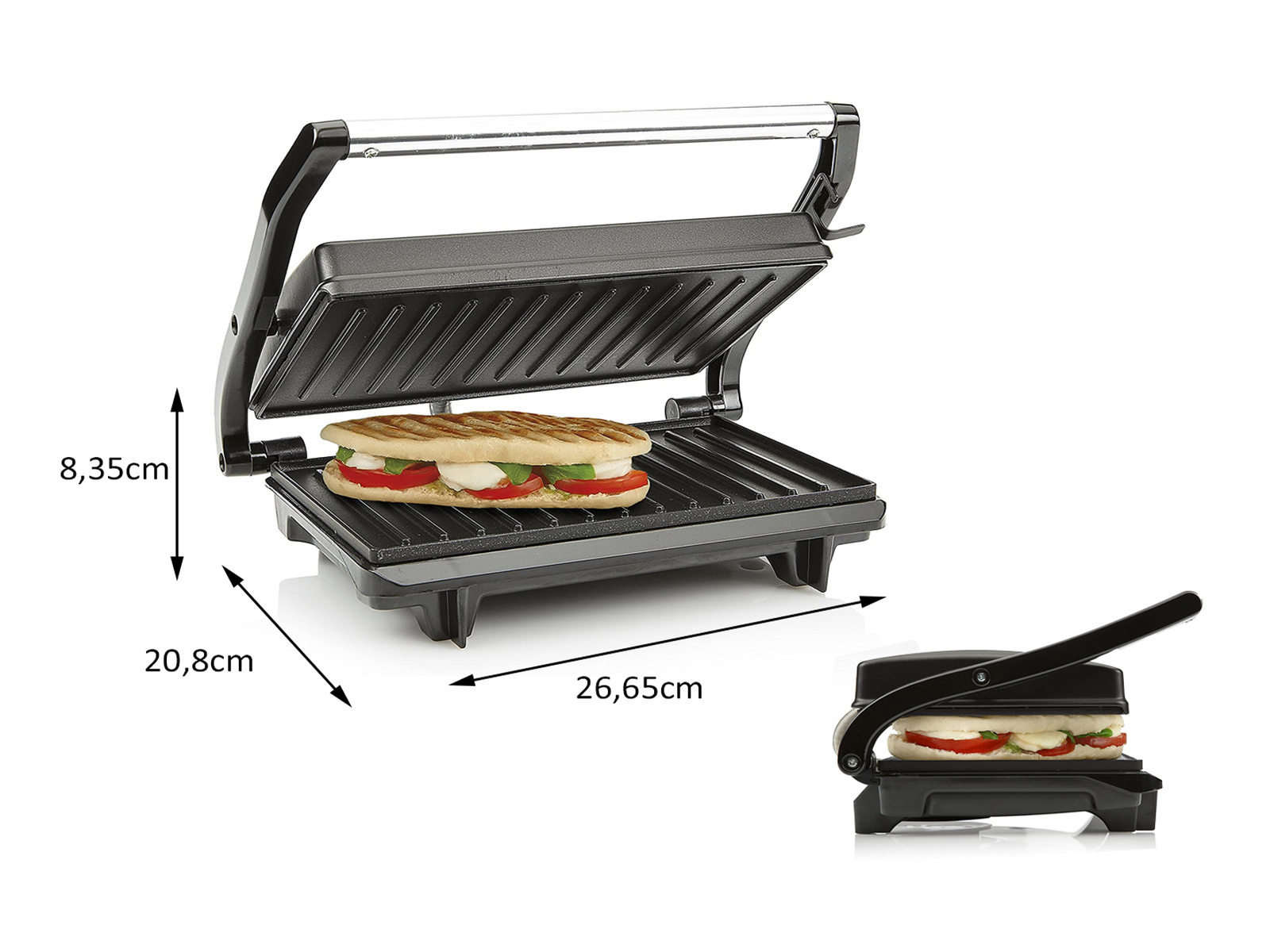 Eine Panini-Presse mit Sandwich. Abmessungen und Etiketten sind vorhanden.