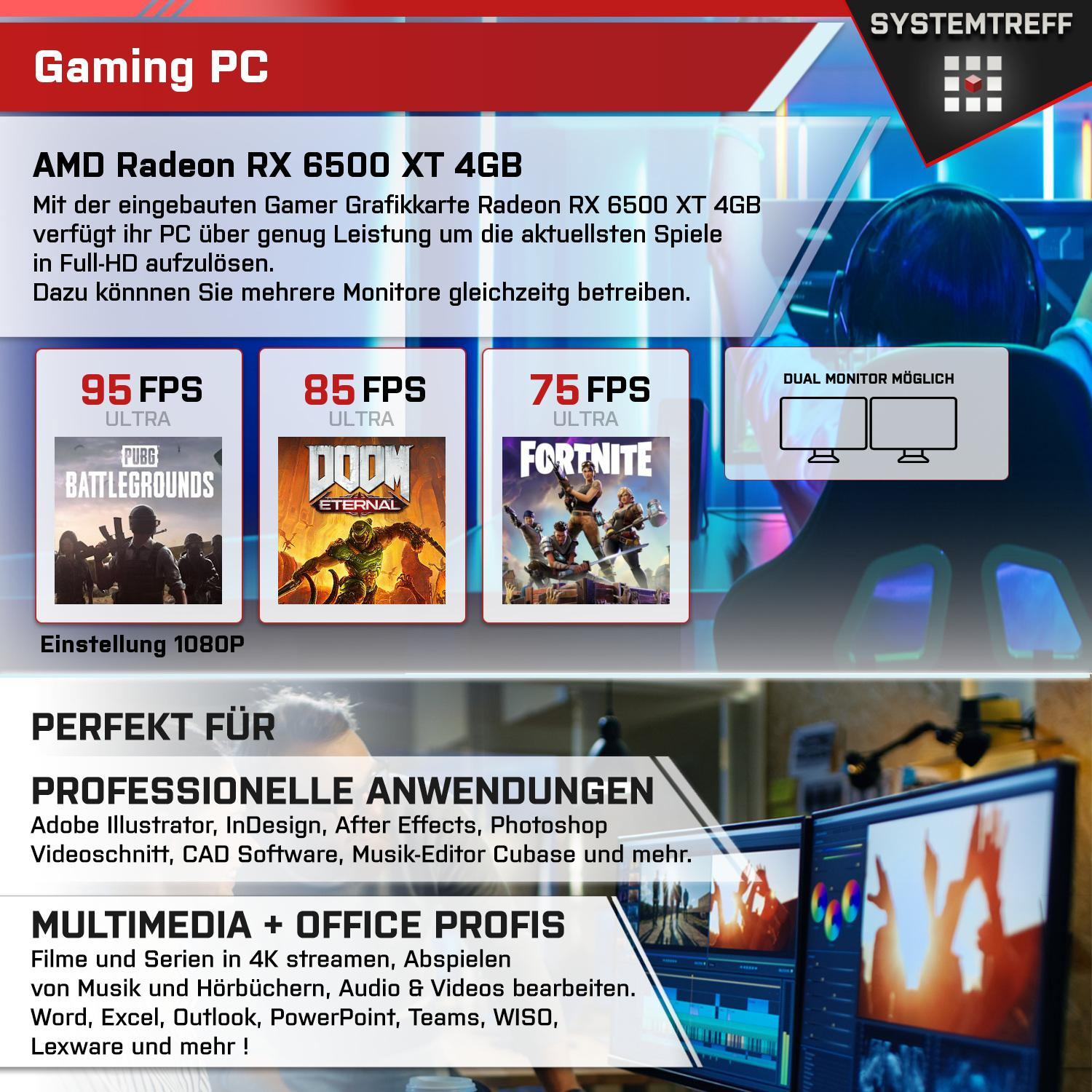 SYSTEMTREFF Gaming Komplett GB mit mSSD, Core 4GB, PC 16 RAM, 6500 4 XT GB i5-12400F 1000 Prozessor, i5-12400F, RX Intel Komplett AMD GB Radeon