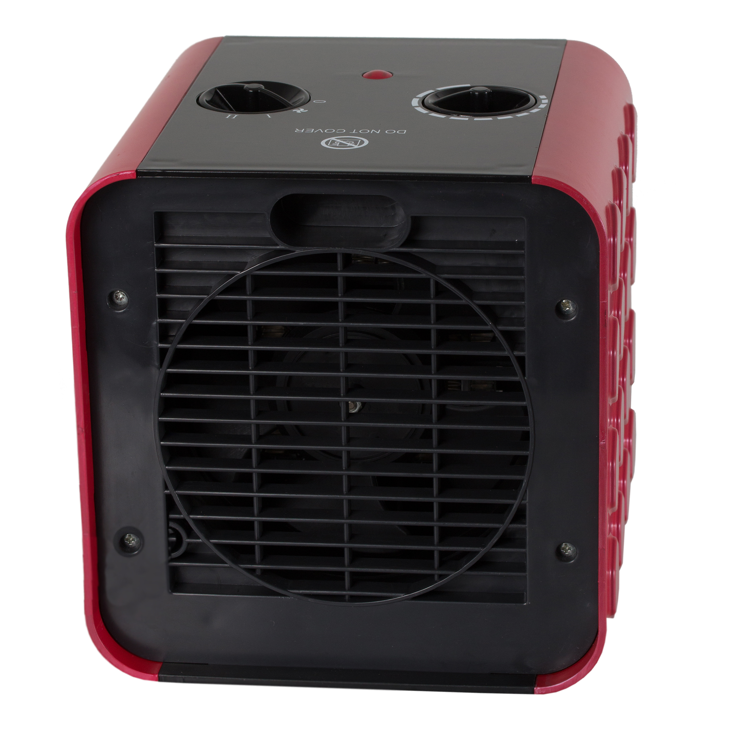 Ein rot-schwarzer elektrischer Heizlüfter. Er hat einen Ventilator und Bedienelemente oben.