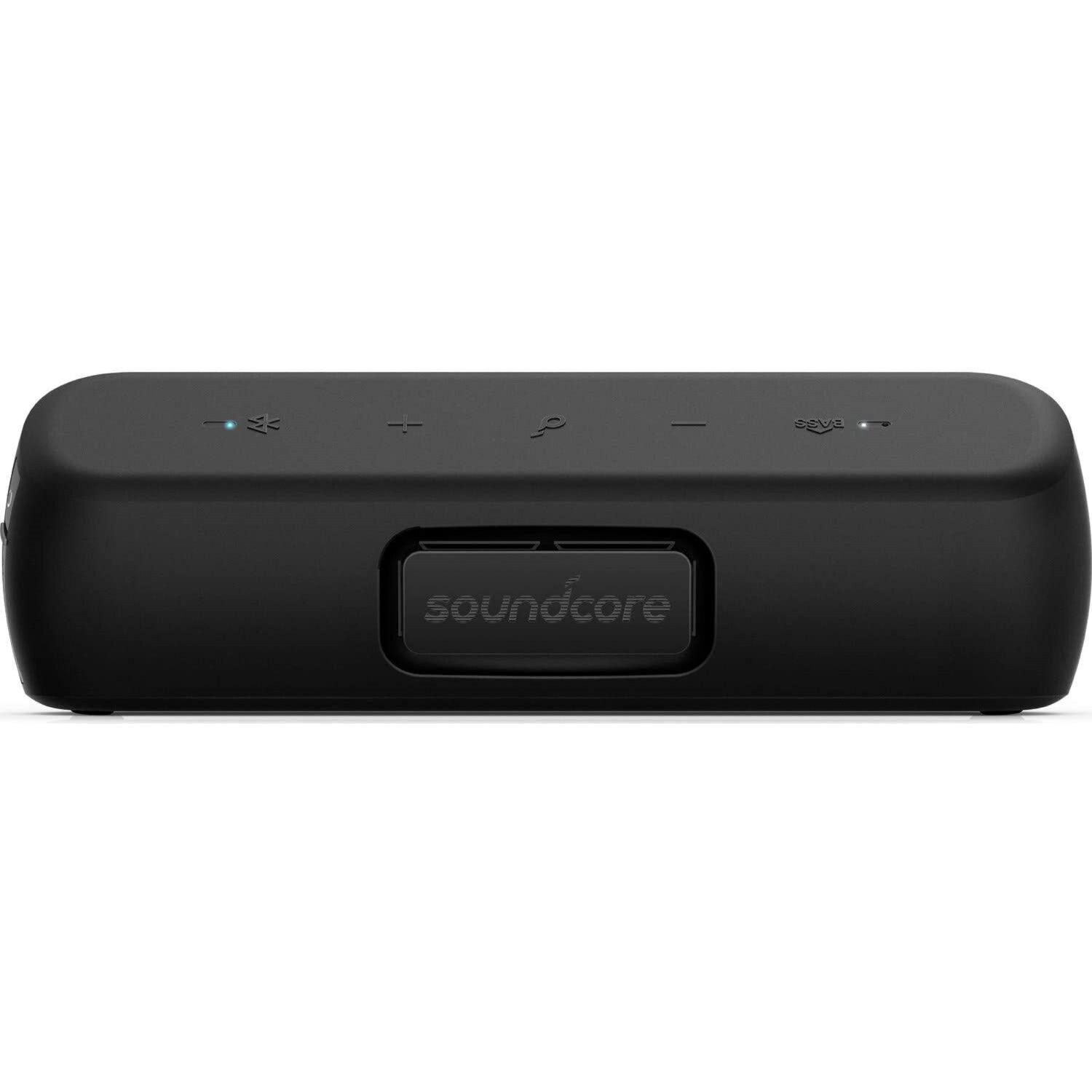 Siyah soundcore hoparlör, kontrol düğmeleri ve beyaz zemin üzerinde ortalanmış Soundcore logosu.