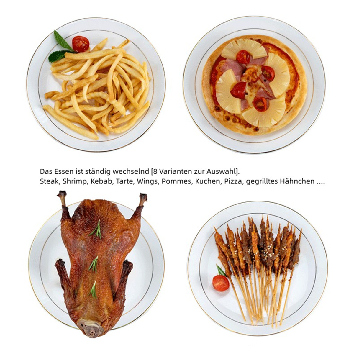 Teller mit Essen. Pommes, Pizza, Ente und Spieße. Weiße Teller, Draufsicht.