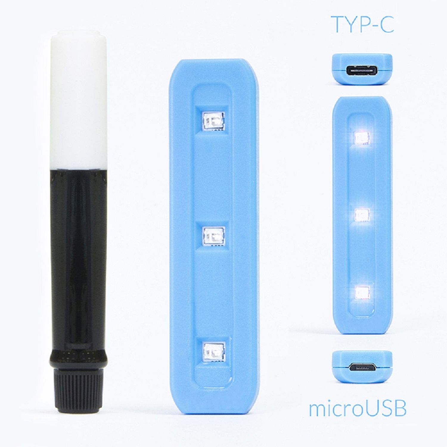 Drei Artikel: ein schwarz-weißes Nagellackstift, ein blauer LED-Nageltrockner und MicroUSB und Typ-C-Anschlüsse.