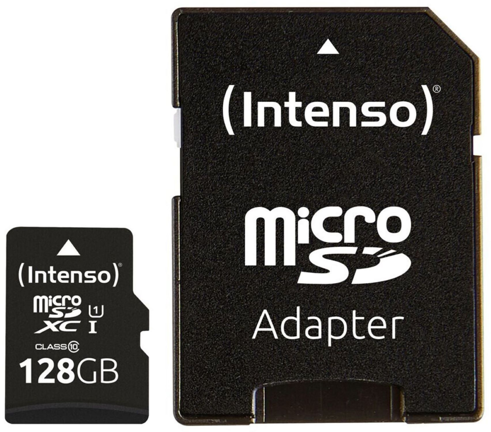 MicroSD-Karte und Adapter mit Intenso-Branding. Schwarz auf weißem Hintergrund.