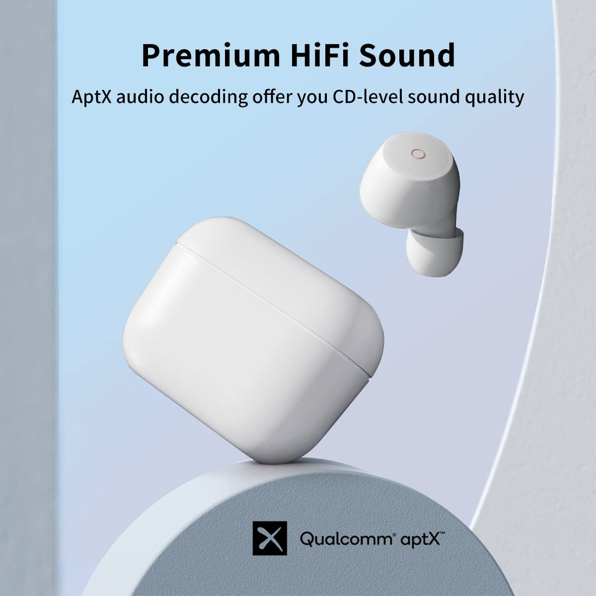 Białe bezprzewodowe słuchawki i etui ładujące, z tekstem Premium HiFi Sound i Qualcomm aptX.