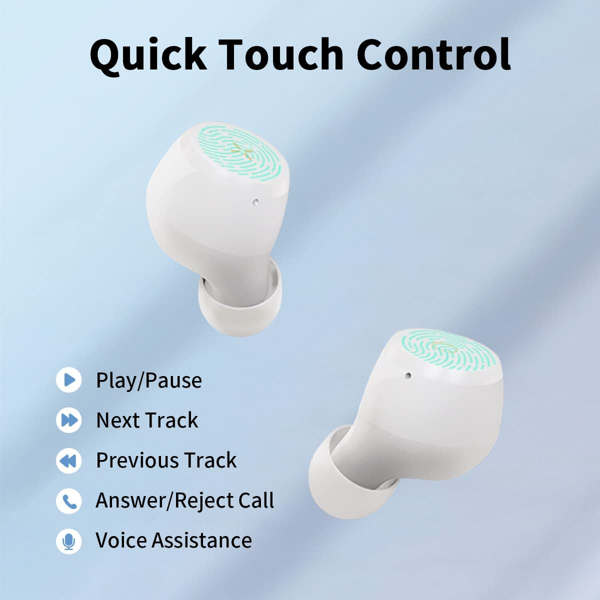 Dwa białe słuchawki z obszarami na odcisk palca, z funkcjami: Odtwórz/Pauza, Następny/Poprzedni utwór, Odbierz połączenie.