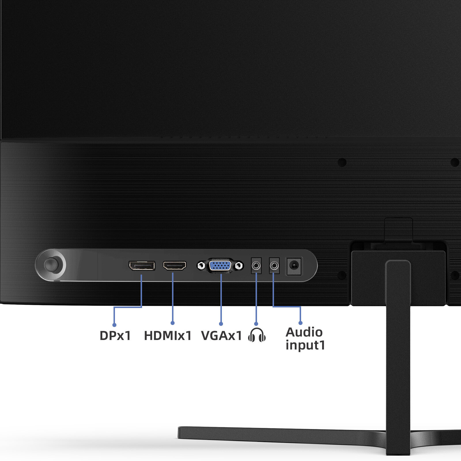 Tył czarnego monitora z oznaczonymi portami: DPx1, HDMIx1, VGAx1 i wejście audio.