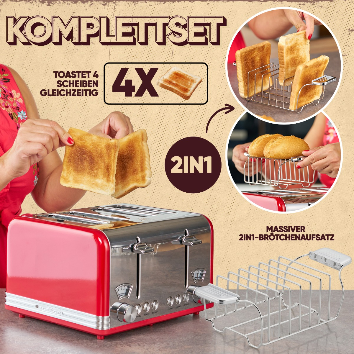 Toaster PC-TA Rot 4) Watt, (1630 1194 PROFICOOK Schlitze: