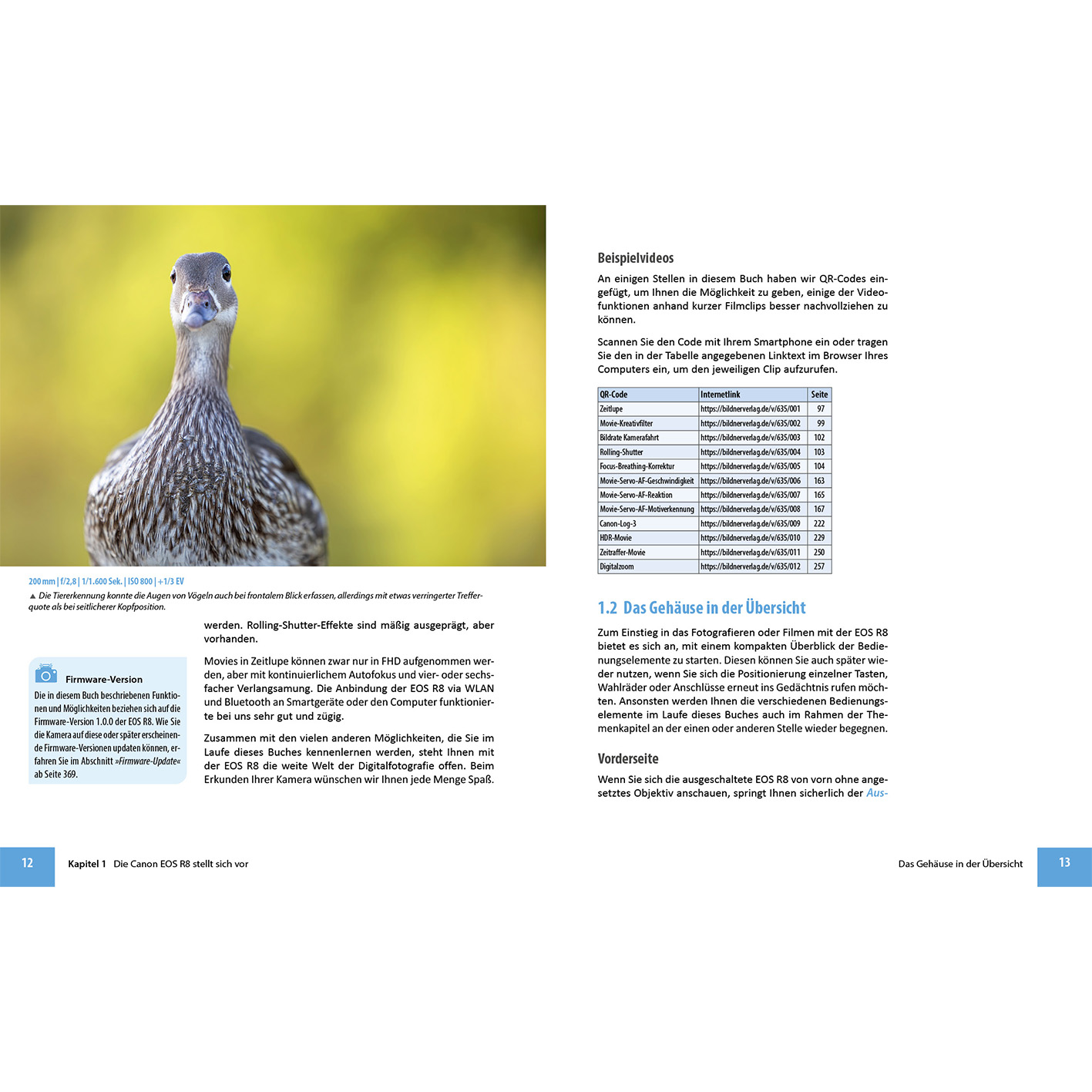 Eine Magazinseite mit einer Ente und Text. Text: Canon EOS R8, 1.2 Das Gehäuse in der Übersicht.