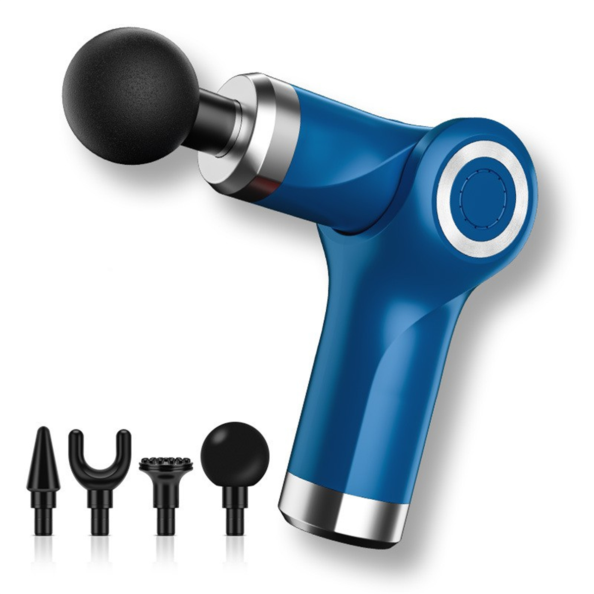 Blaue Massagepistole mit mehreren Aufsätzen und einem schwarzen Ball oben.