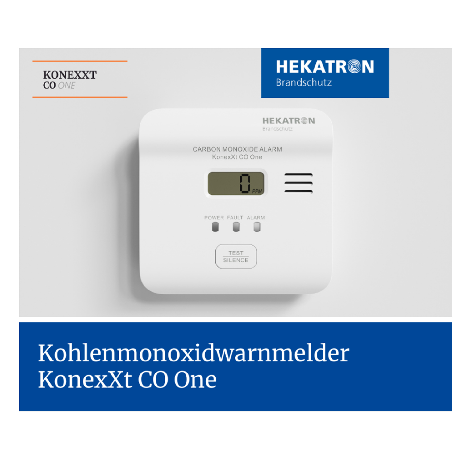 Kohlenmonoxid-Melder mit Null-Anzeige. Hekatron und KoneXxt CO One Branding.