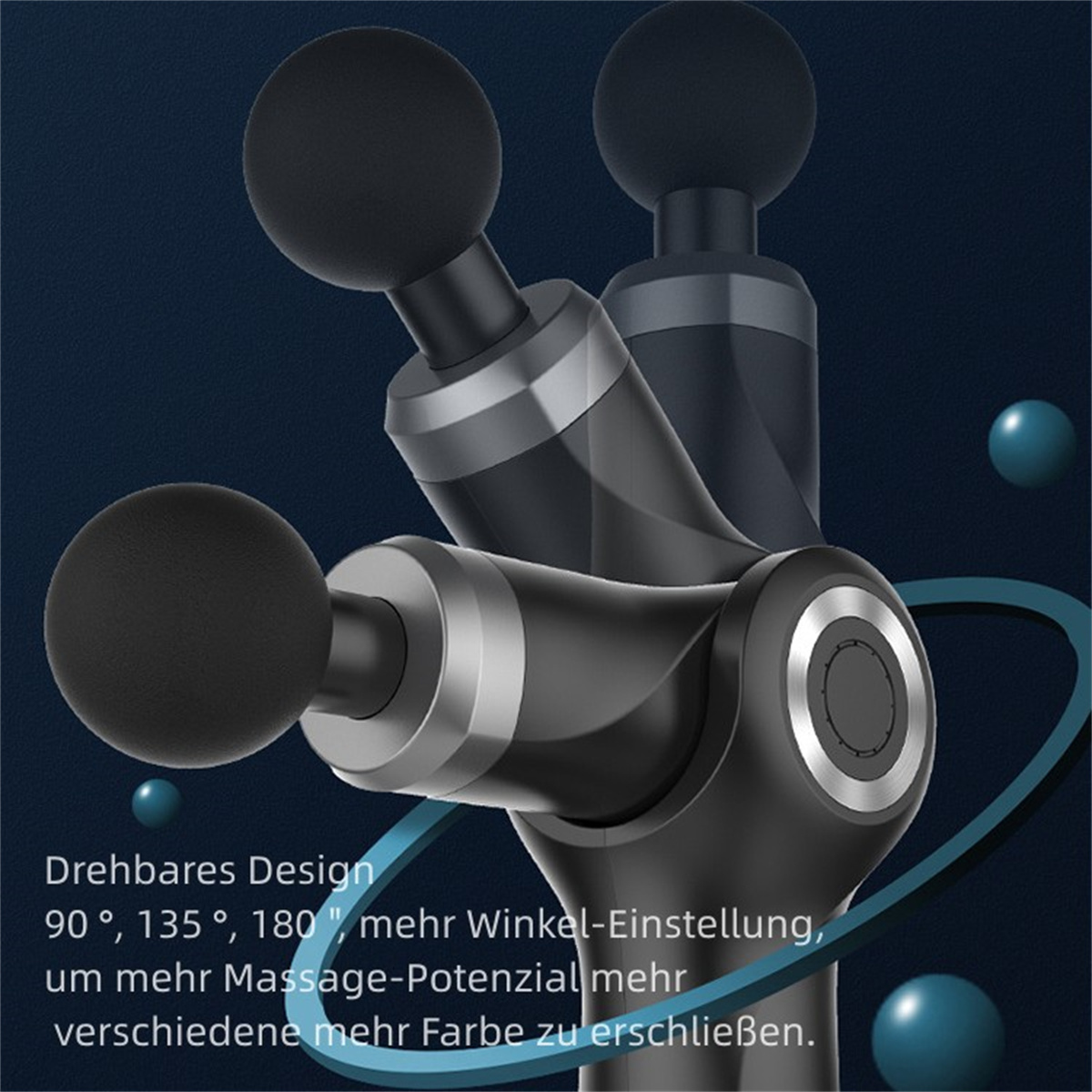 Eine schwarze Massagepistole mit drei Kugelkopfaufsätzen und blauem Text.