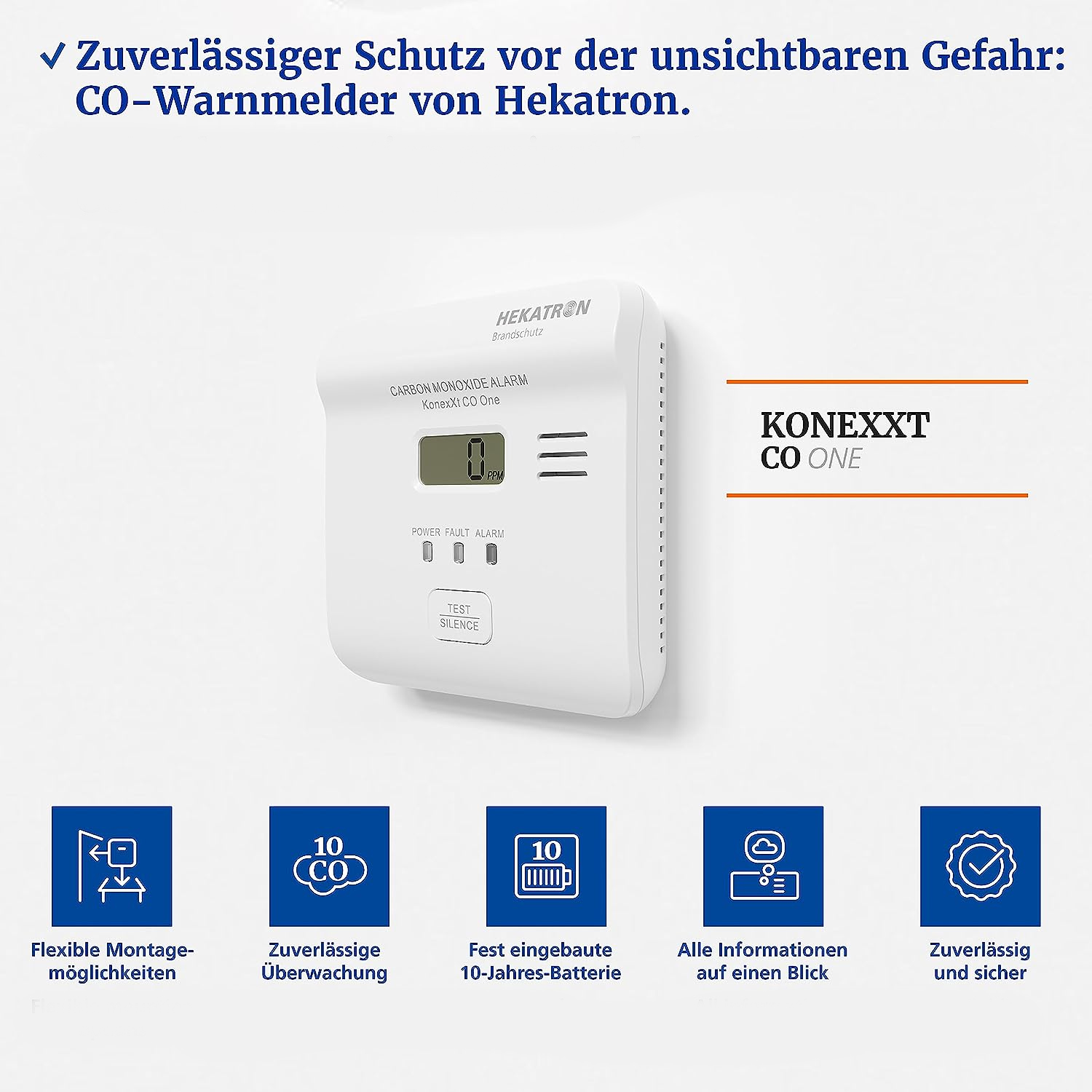 Weißer Kohlenmonoxid-Alarm mit Text und Symbolen, isoliert auf Weiß.