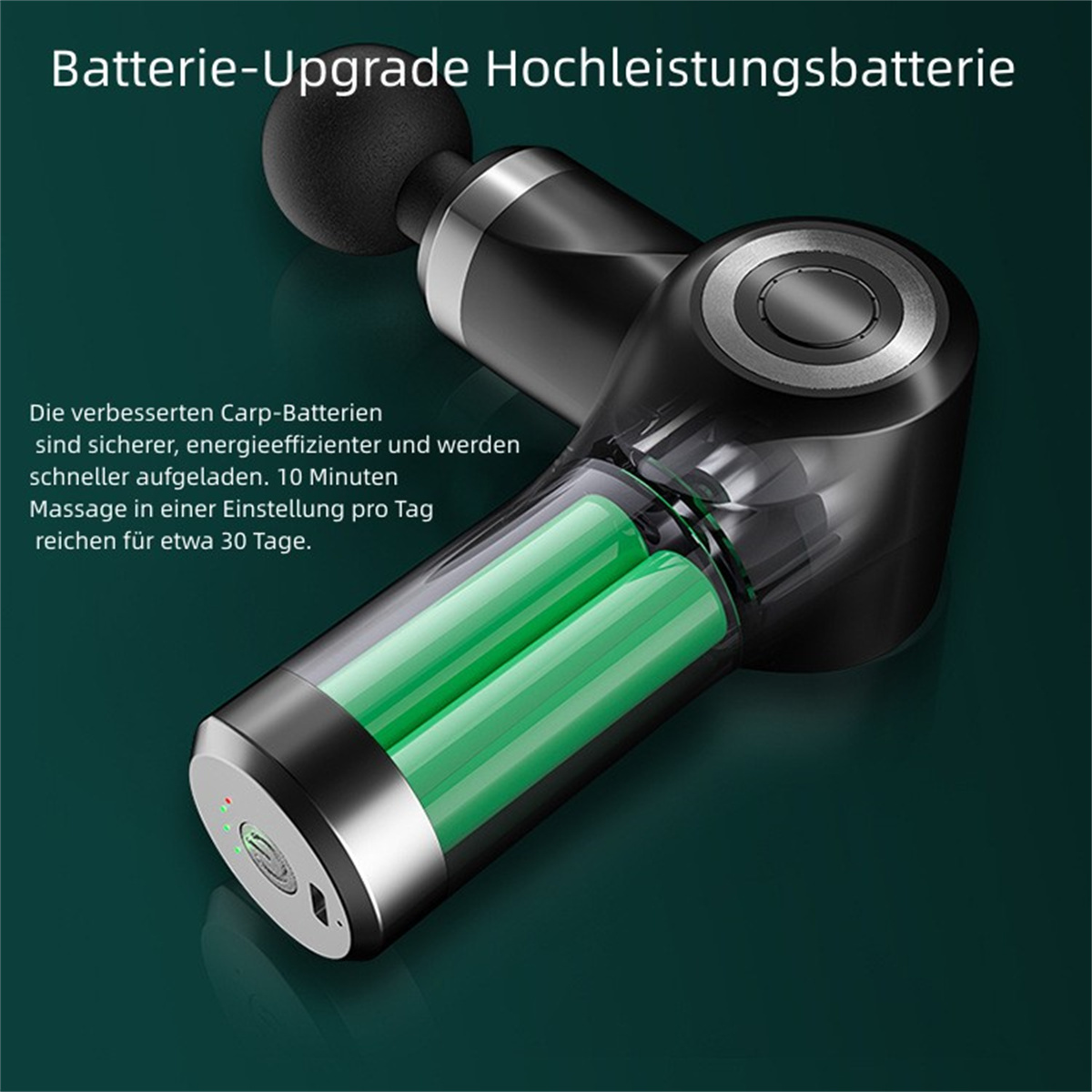 Nahaufnahme einer Massagepistole mit grünen Batterien im Griff.