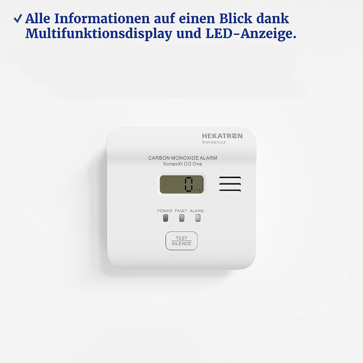Weißer Kohlenmonoxid-Alarm mit Display. Mit Test-/Stummtaste, auf weißem Hintergrund.