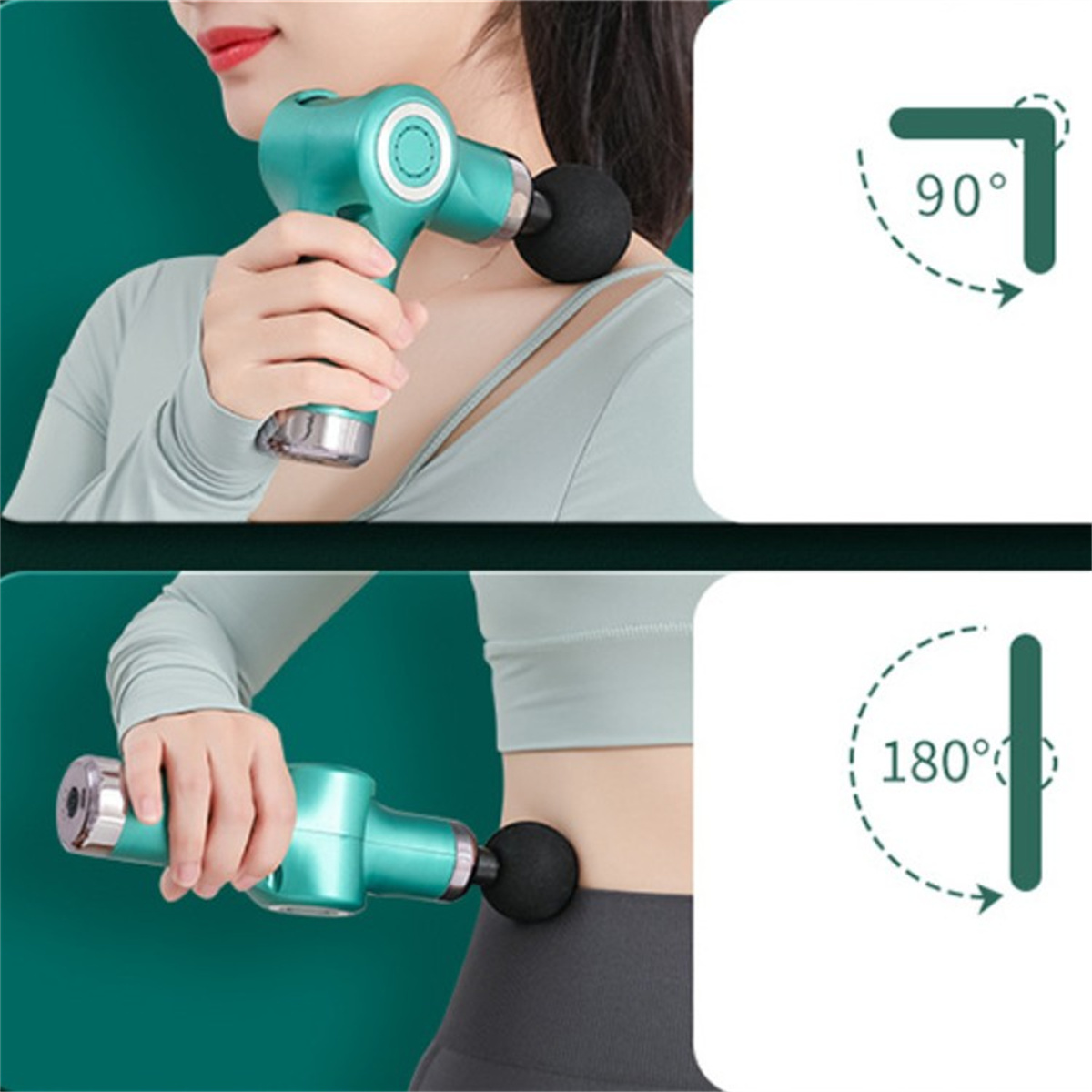 Grüne Massagepistole auf dunklem Hintergrund, zeigt Anwendung an Arm und Taille.