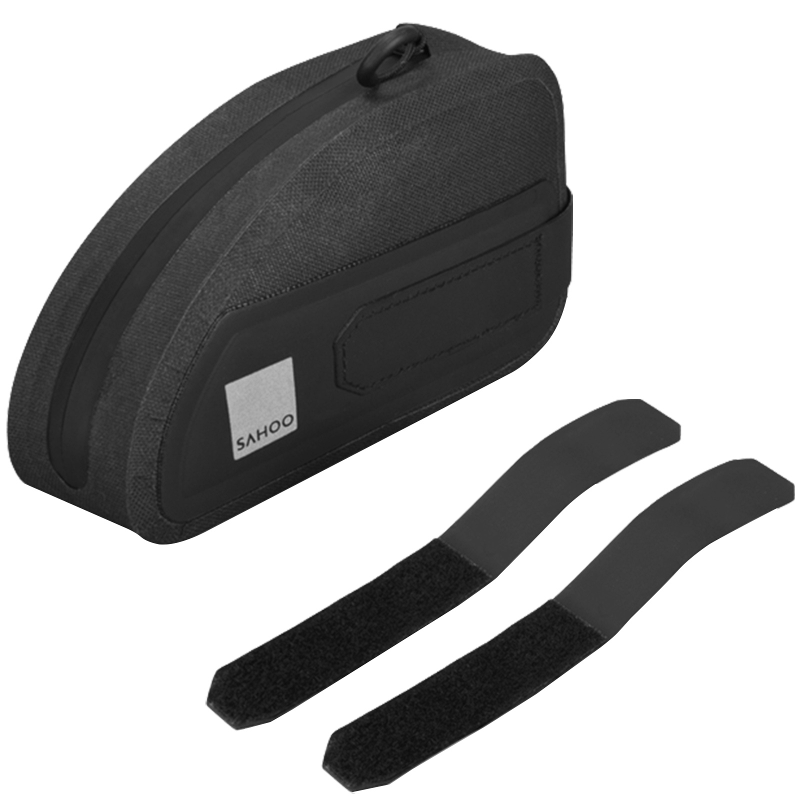 Sac de cadre de vélo noir, deux sangles velcro et logo.