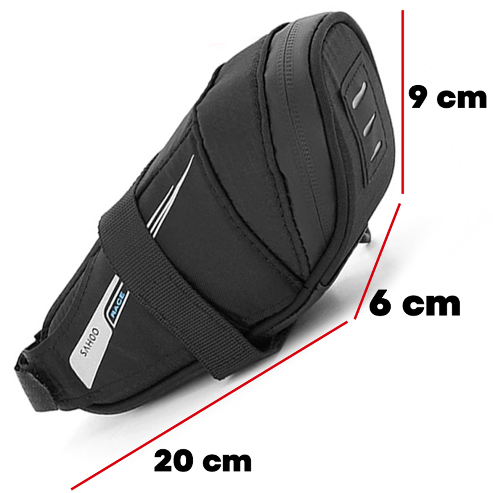 Une sacoche de selle de vélo noire avec des dimensions de 20 cm x 9 cm x 6 cm. Logo SAHOO visible.