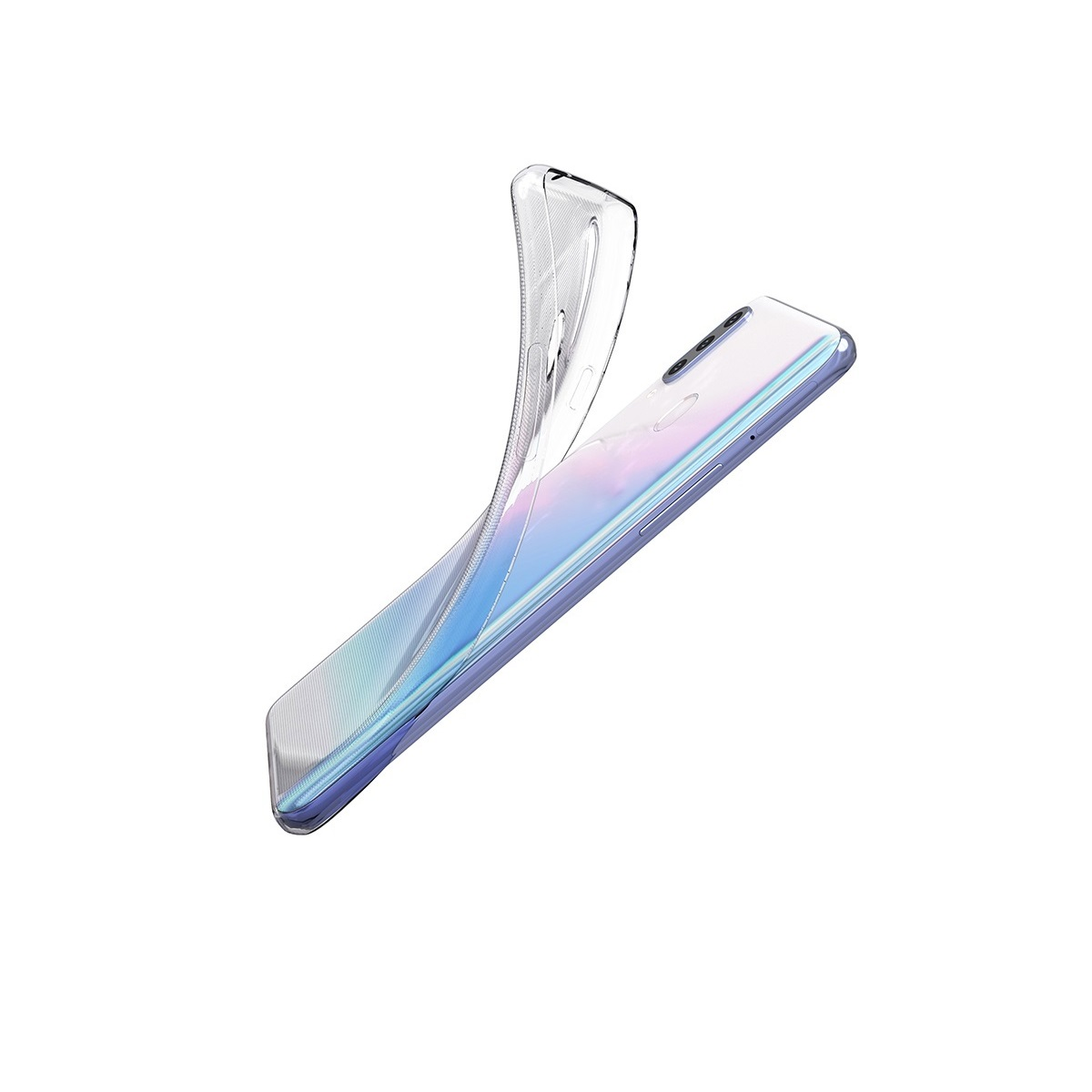 Ein Telefon mit einer transparenten Hülle. Das Telefon ist lila und blau. Die Hülle ist abgezogen.