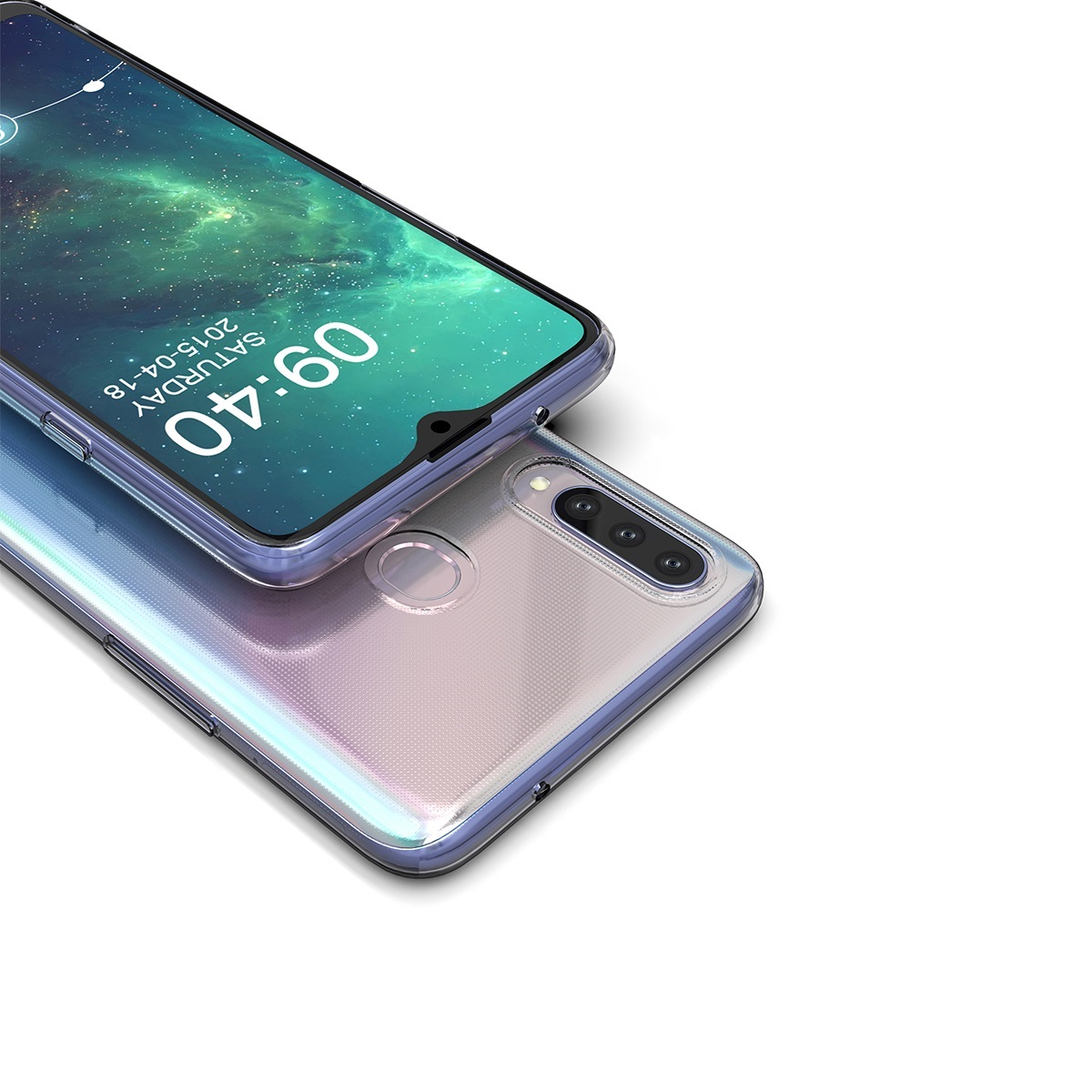 Eine transparente Handyhülle über einem Smartphone, das einen Bildschirm mit Uhrzeit anzeigt.