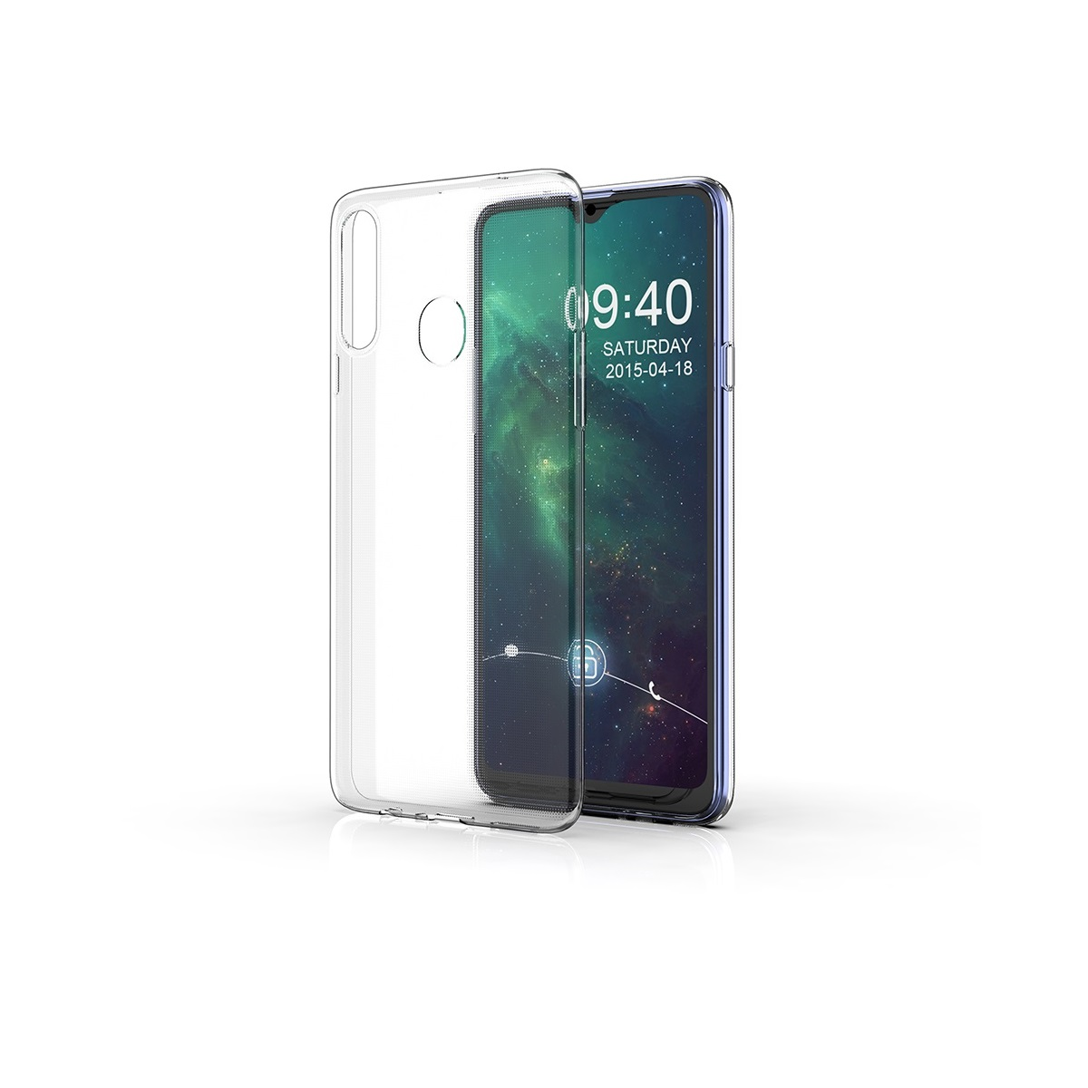 Eine transparente Handyhülle neben einem Smartphone, das die Uhrzeit und das Datum über einem abstrakten Hintergrund anzeigt.