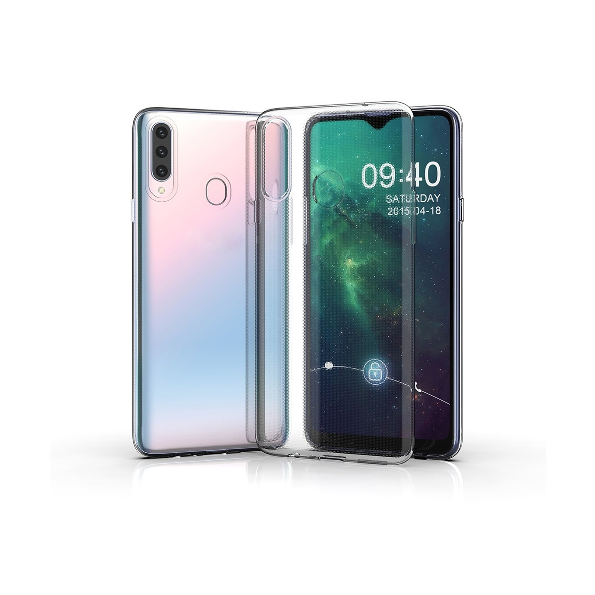 Drei Smartphones mit transparenten Hüllen. Eines mit pink-blauem Farbverlauf, zwei zeigen den Bildschirm.