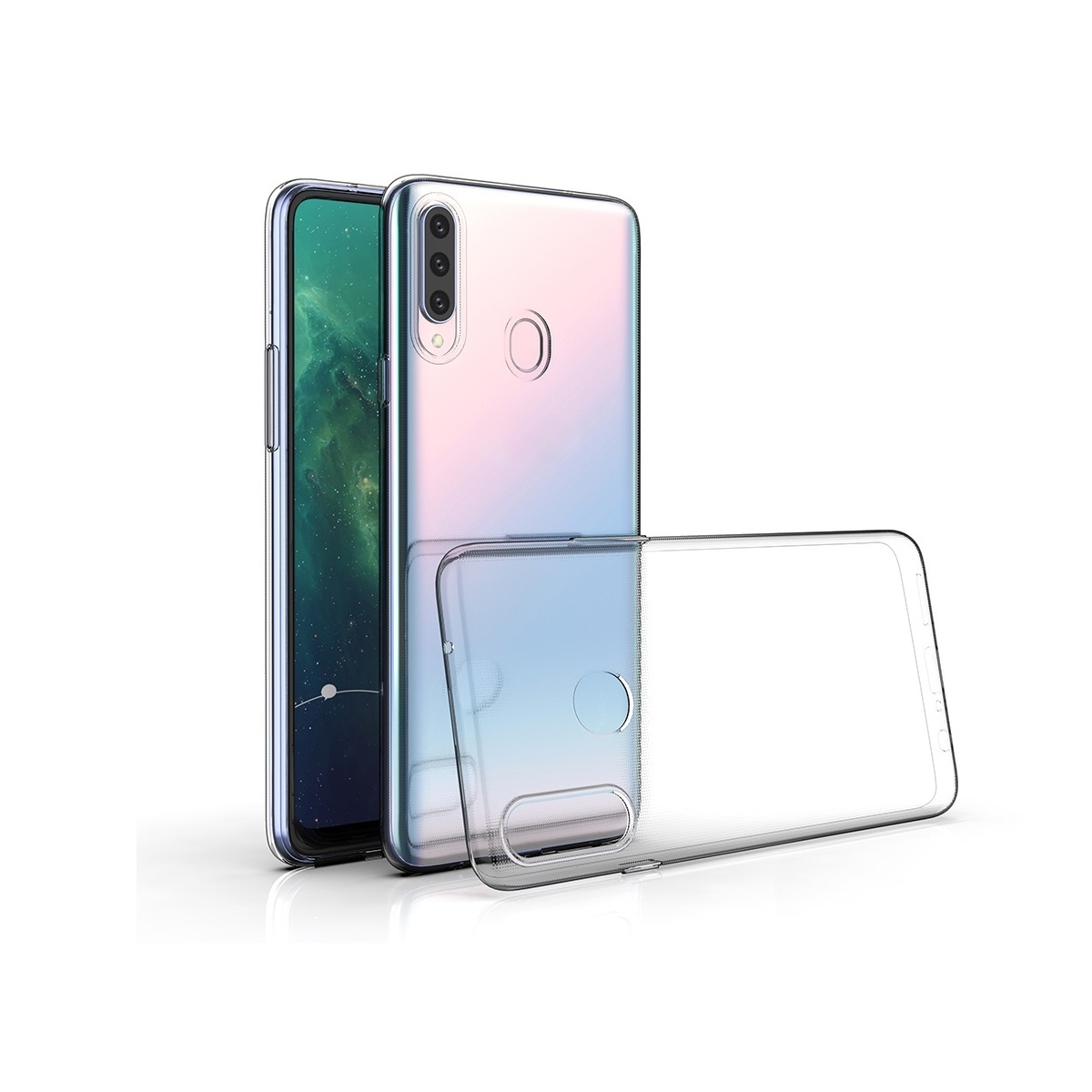 Zwei transparente Handyhüllen mit einem Telefon. Weißer Hintergrund.