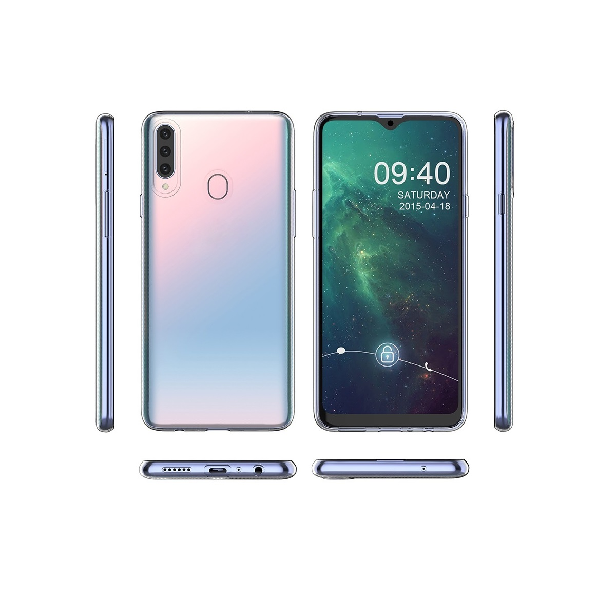 Ein Smartphone, Vorder-, Rück- und Seitenansicht. Der Bildschirm zeigt Zeit und Datum.