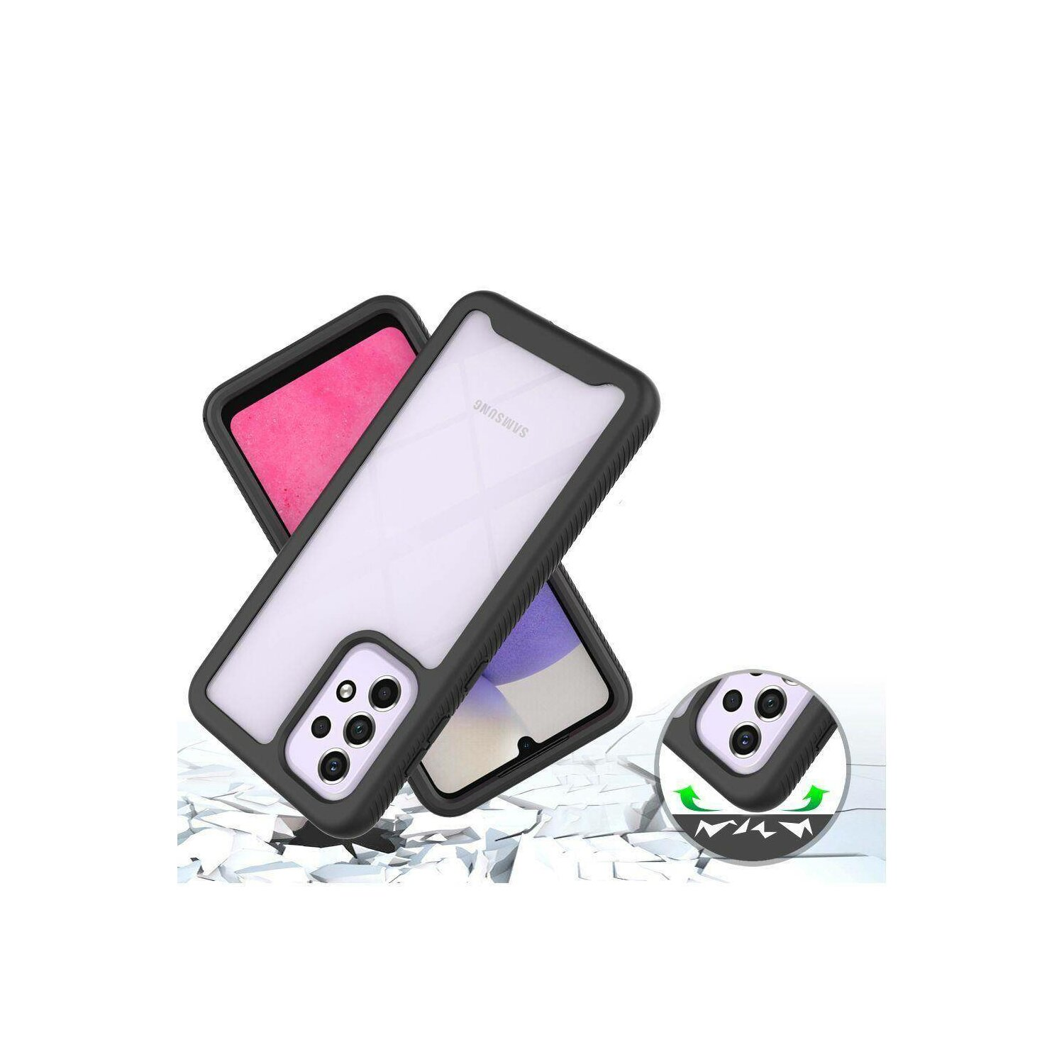Handyhüllen mit Telefonen. Eine rosa, eine transparente, schwarze Ränder, und ein Schutzkreis.