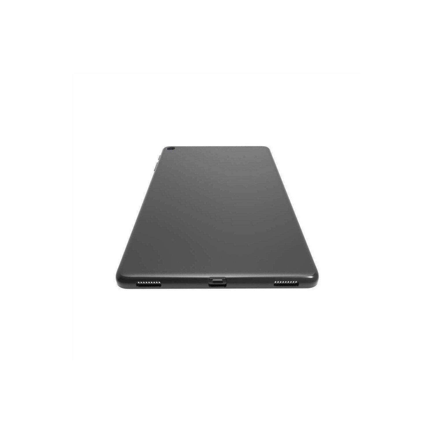 Ein schwarzes Tablet liegt flach. Die Ränder haben ein paar Löcher. Der Hintergrund ist weiß.