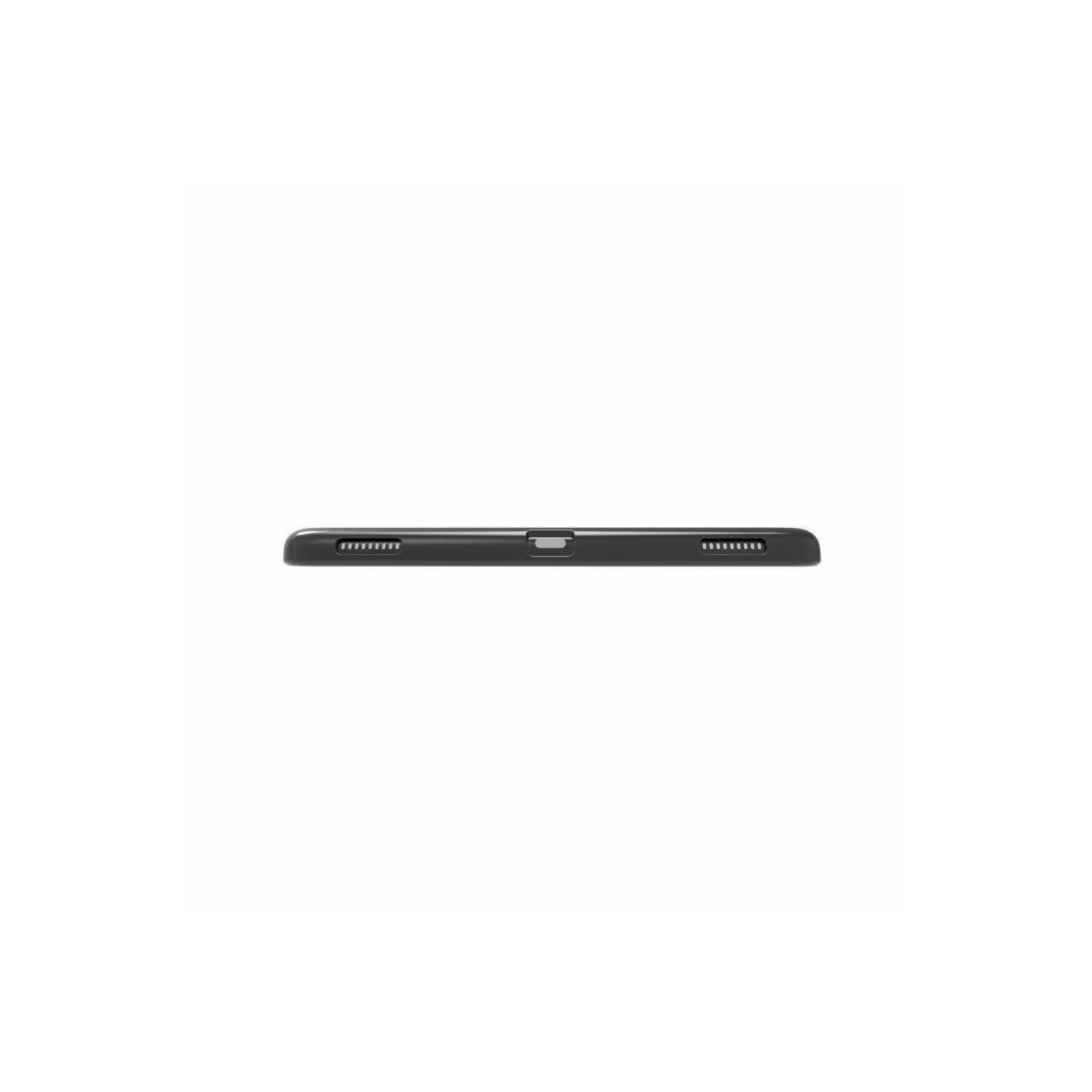 Ein schwarzes Rechteck, möglicherweise ein Telefon oder Tablet, von oben gesehen.