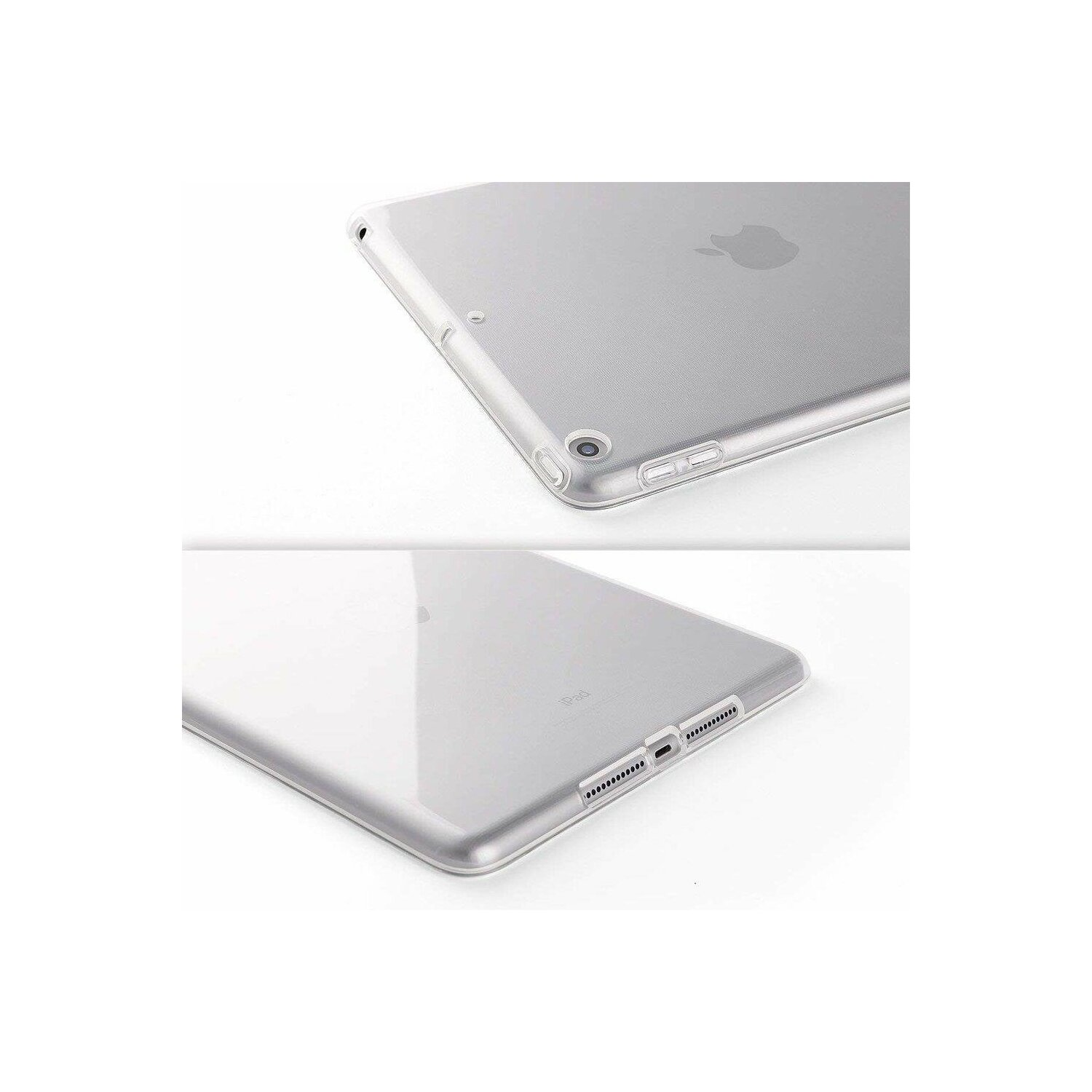 Zwei Ansichten einer transparenten iPad-Hülle, Apple-Logo sichtbar. Zeigt Kanten und Anschlüsse.